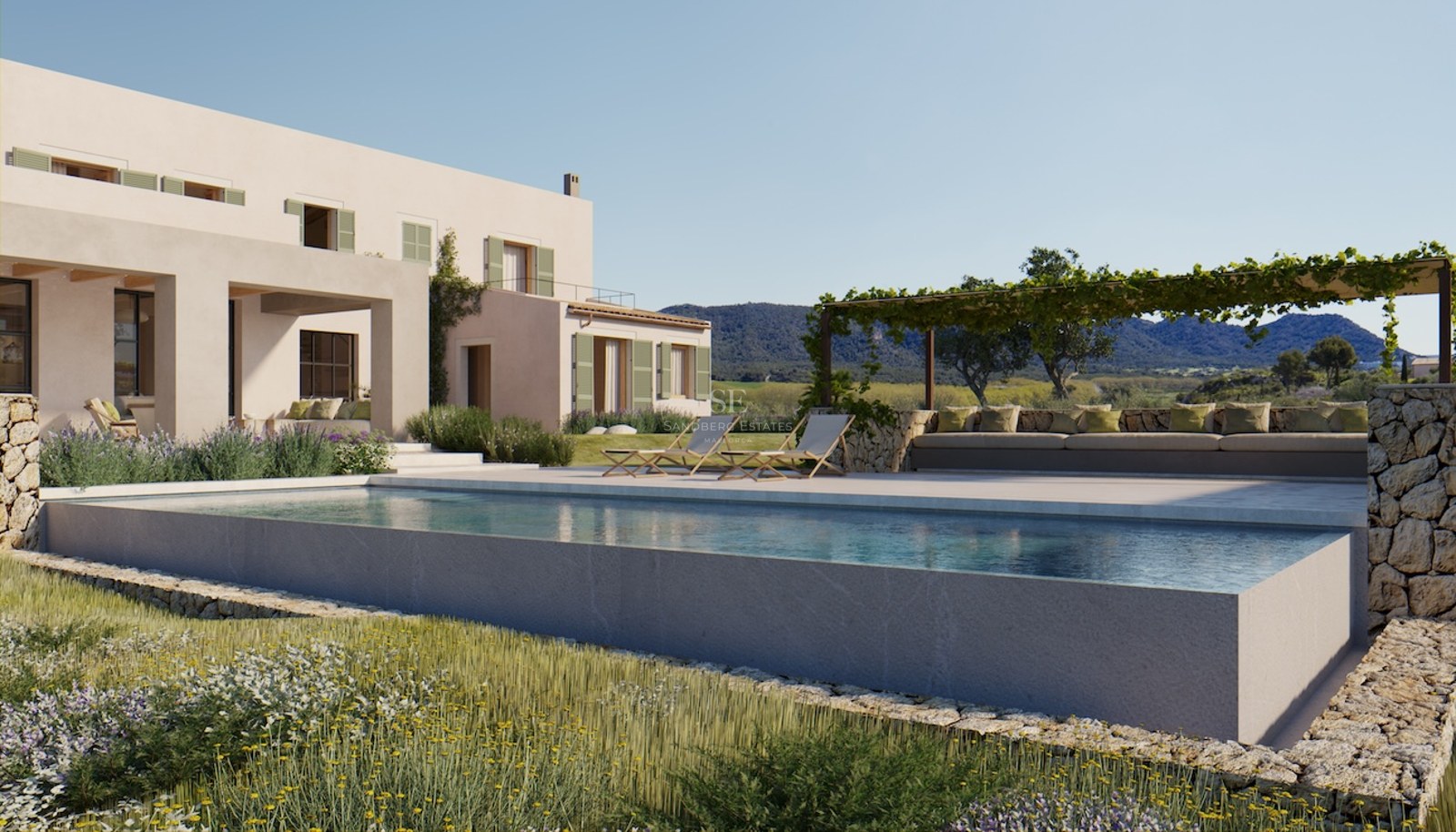 Luxuriöser Infinity-Pool mit Bergblick, moderne mediterrane Villa und Natursteinmauern.