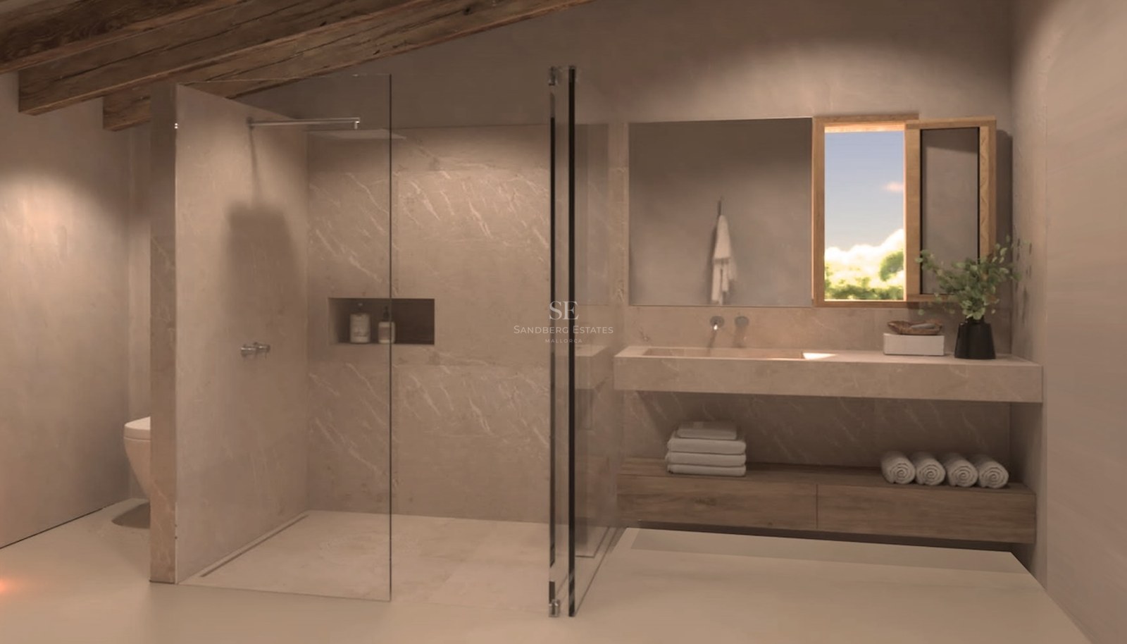 Zeitgenössisches Badezimmer mit großer Glasdusche, Steinwaschtisch und rustikalen Deckenbalken aus Holz.