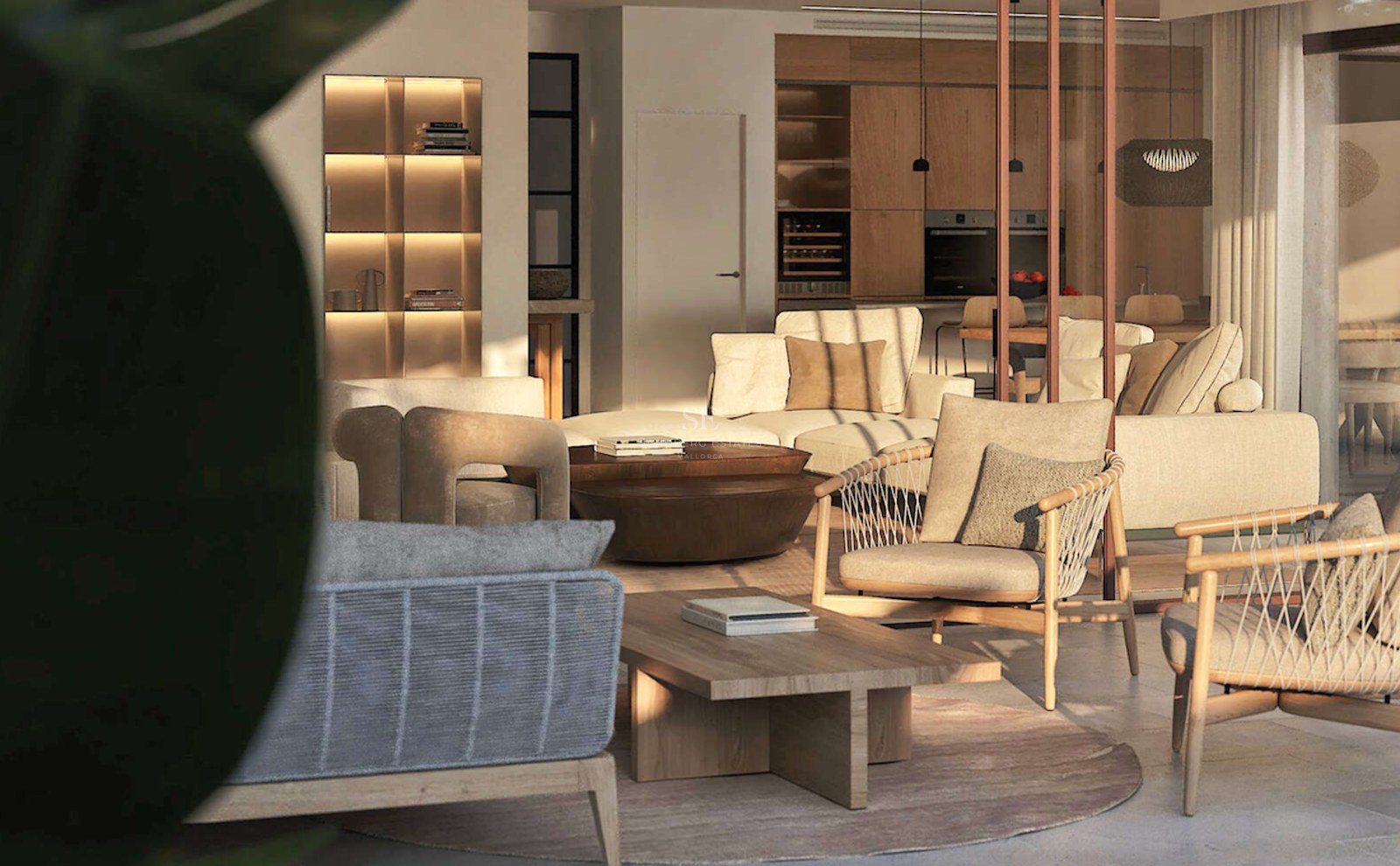 Salon moderne chaleureux avec canapés beige, tables en chêne et cuisine élégante en arrière-plan.