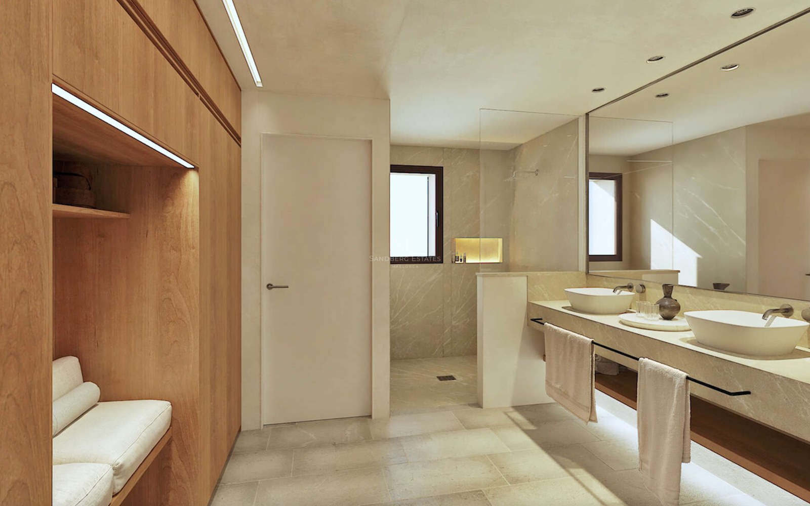 Salle de bains moderne avec douche à l'italienne, double vasque et menuiseries en bois clair.