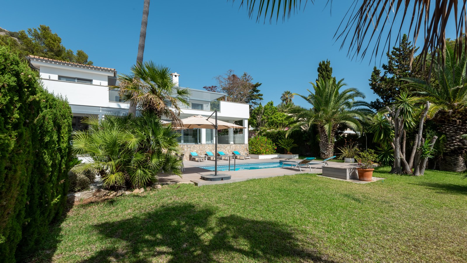 Modern white villa with a turquoise swimming pool, sun loungers, and lush palm trees under a clear blue sky.