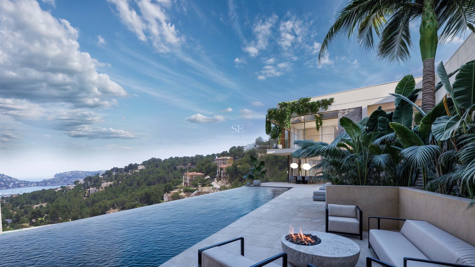 Piscine à débordement de luxe surplombant la mer avec terrasse en pierre, salon extérieur et villa contemporaine.