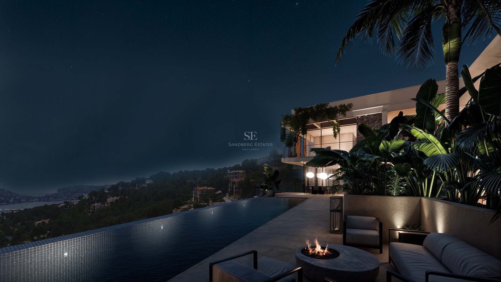 Vue nocturne d'une piscine à débordement de luxe surplombant la baie, avec une villa moderne et un salon extérieur.