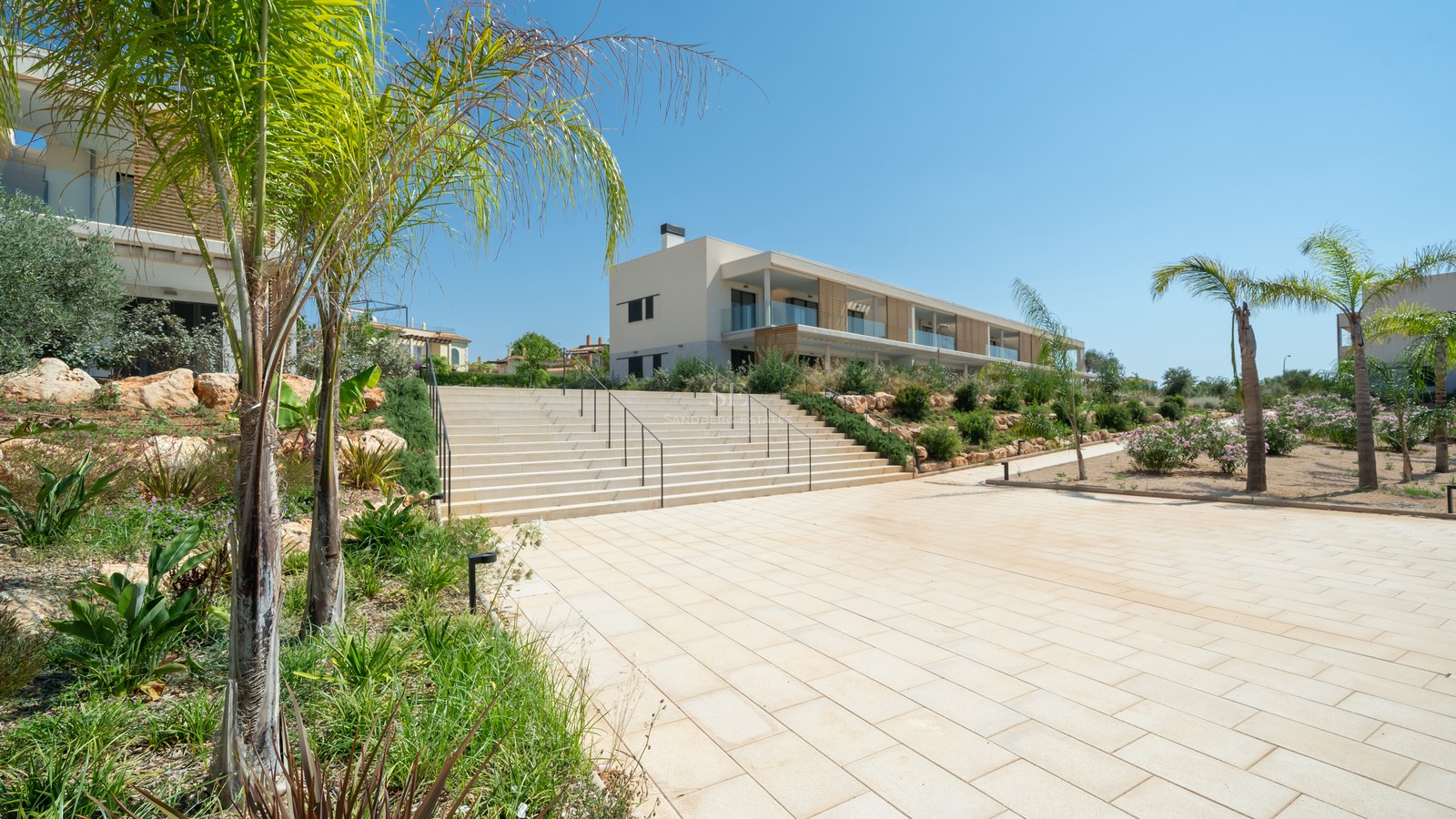 Wide stone staircase leading to a contemporary cream-colored building with glass balconies and palm trees.
