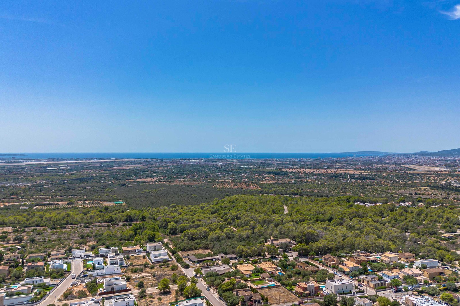 High-angle aerial view of a residential neighborhood surrounded by lush pine forests with the blue sea on the horizon.