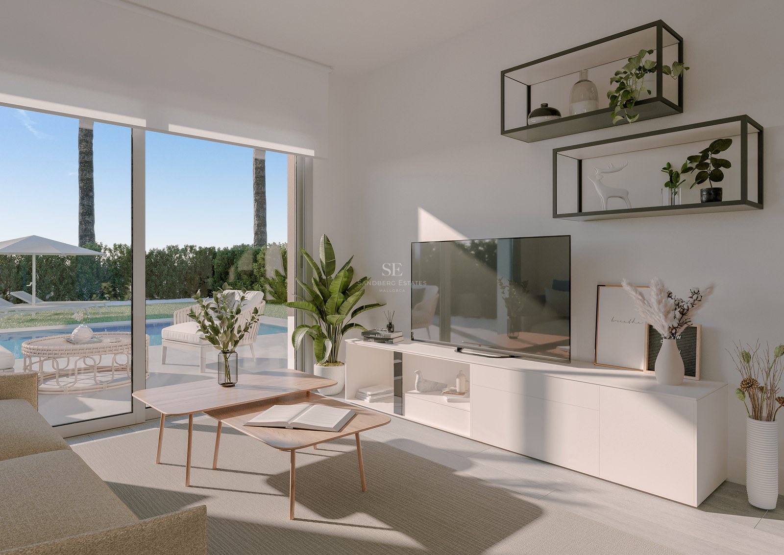 Contemporary living room with white cabinetry, wooden tables, and large glass doors opening to a pool terrace.