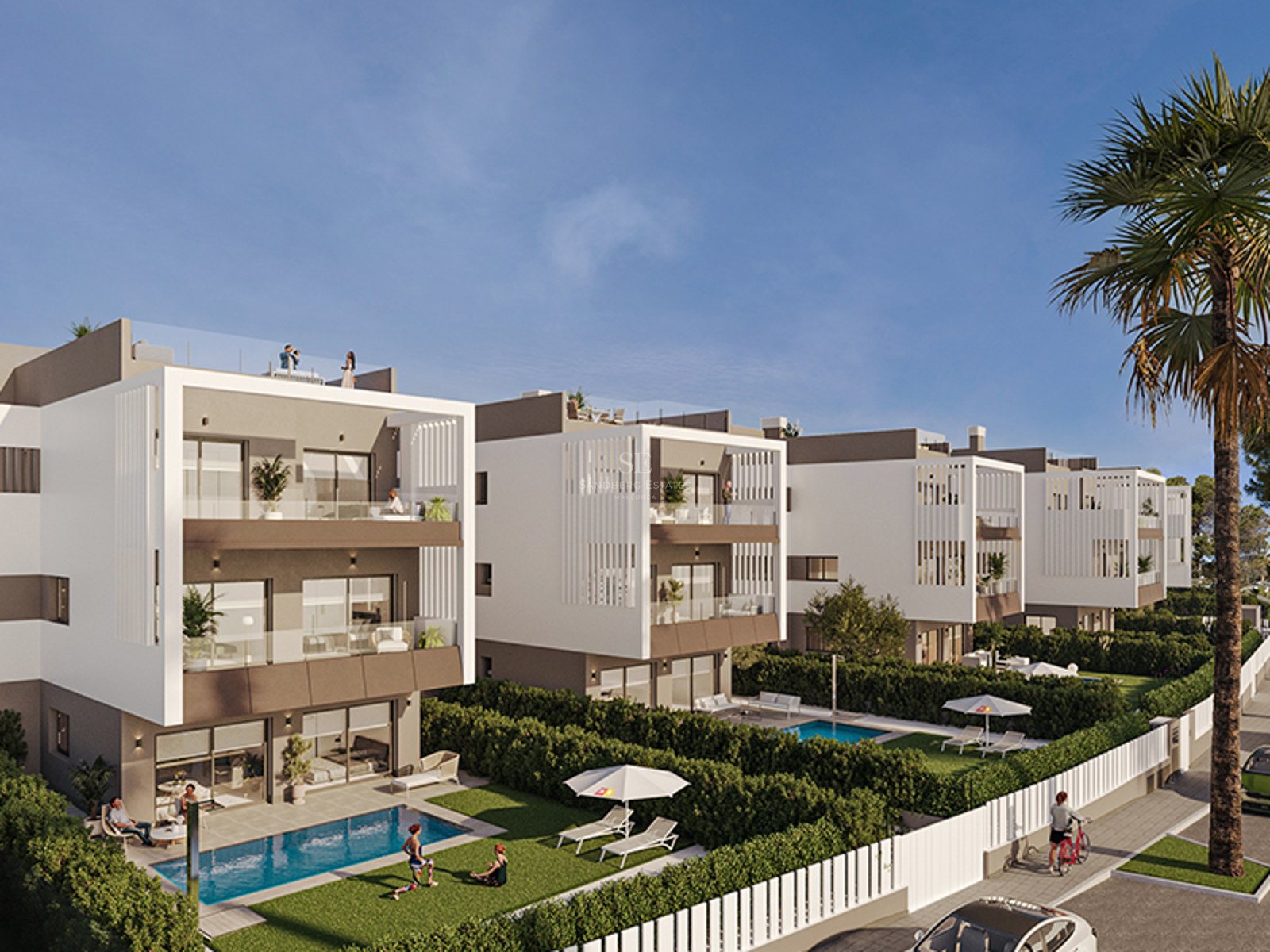 Modern three-story white villas with private gardens, plunge pools, and glass-railed terraces under a clear blue sky.