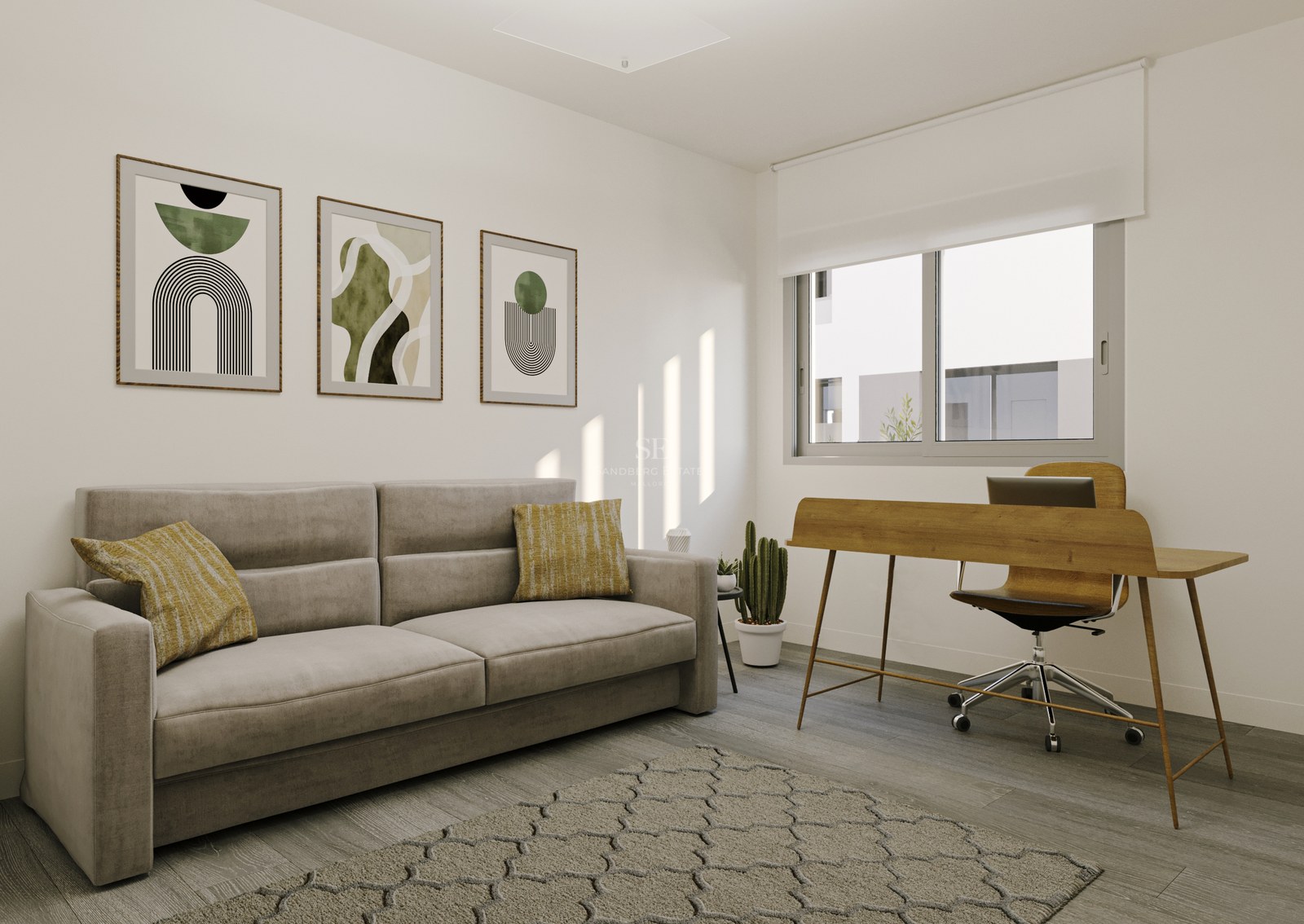 Contemporary home office featuring a grey sofa, wooden desk, ergonomic chair, and abstract wall art.