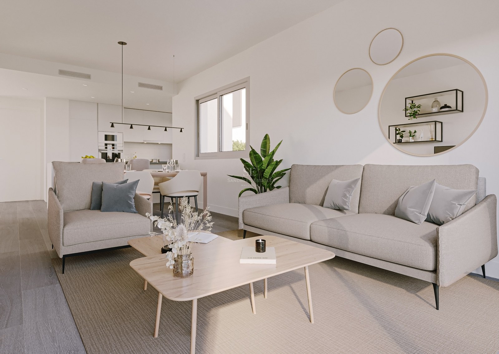 Modern living room with beige sofa, light wood coffee table, and open-plan kitchen in the background.
