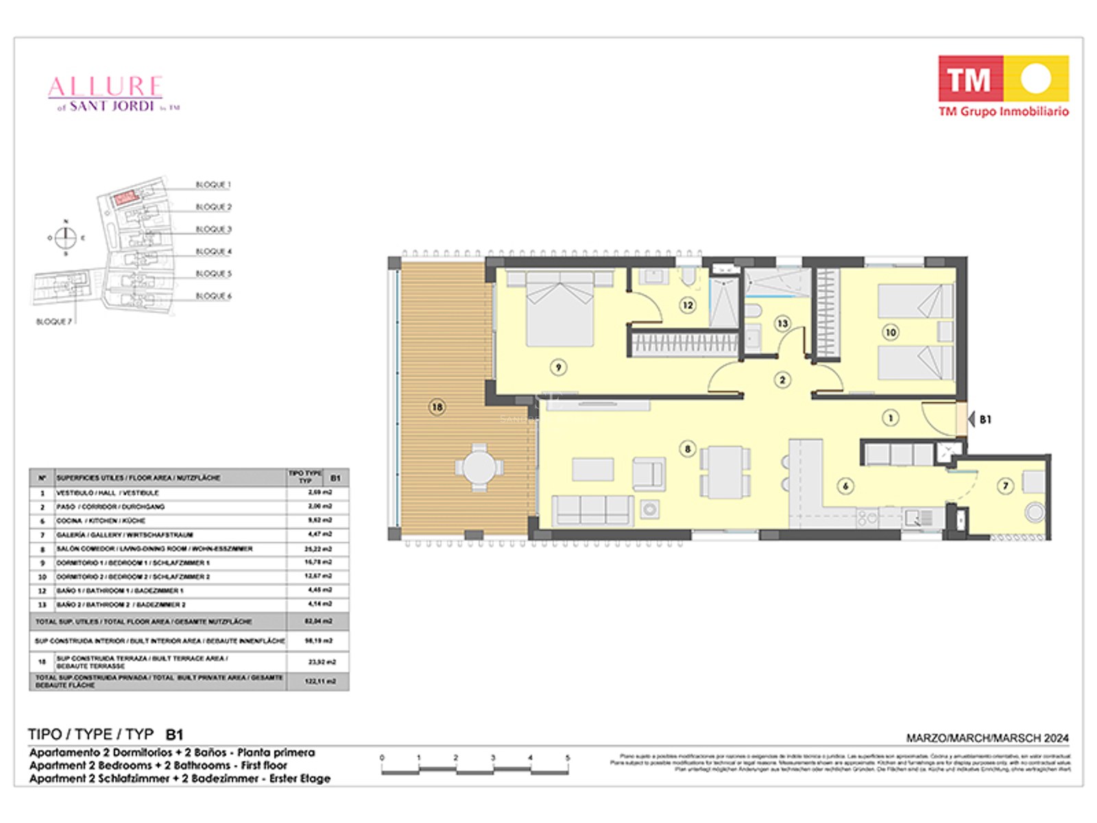 Technical floor plan of a 2-bedroom, 2-bathroom apartment featuring a large terrace and open-plan living area.