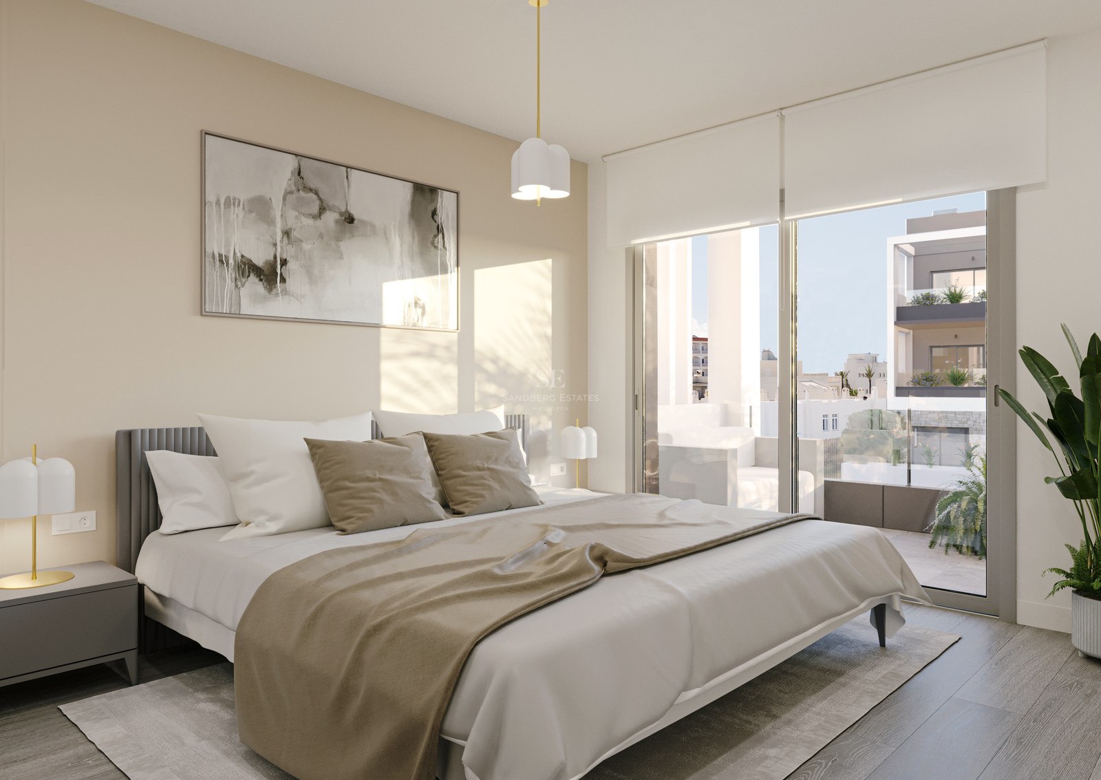 Contemporary bedroom with floor-to-ceiling glass doors opening to a balcony, featuring neutral tones and designer lighting.