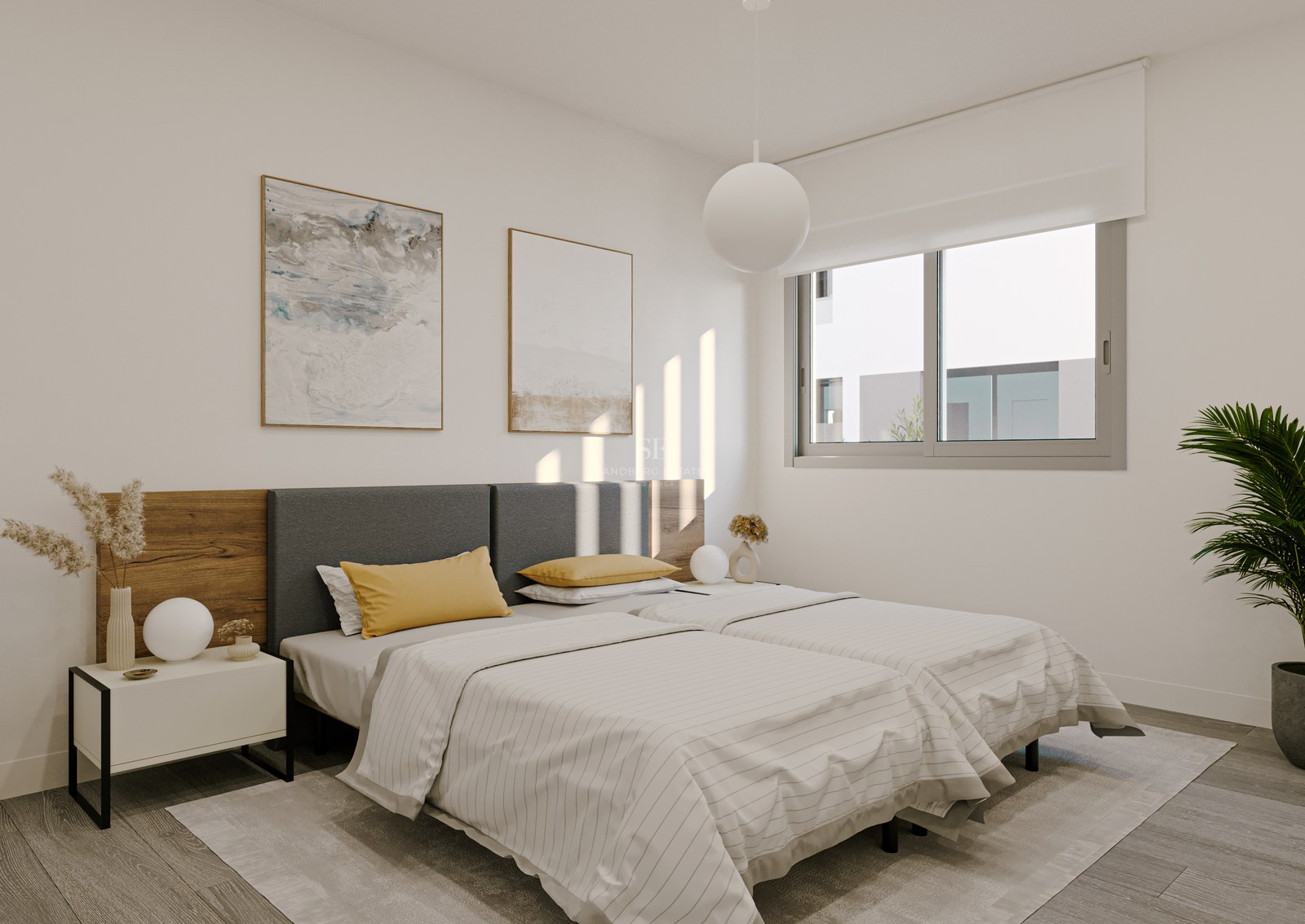 Bright bedroom featuring twin beds, wood and fabric headboard, minimalist bedside table, and window with natural light.