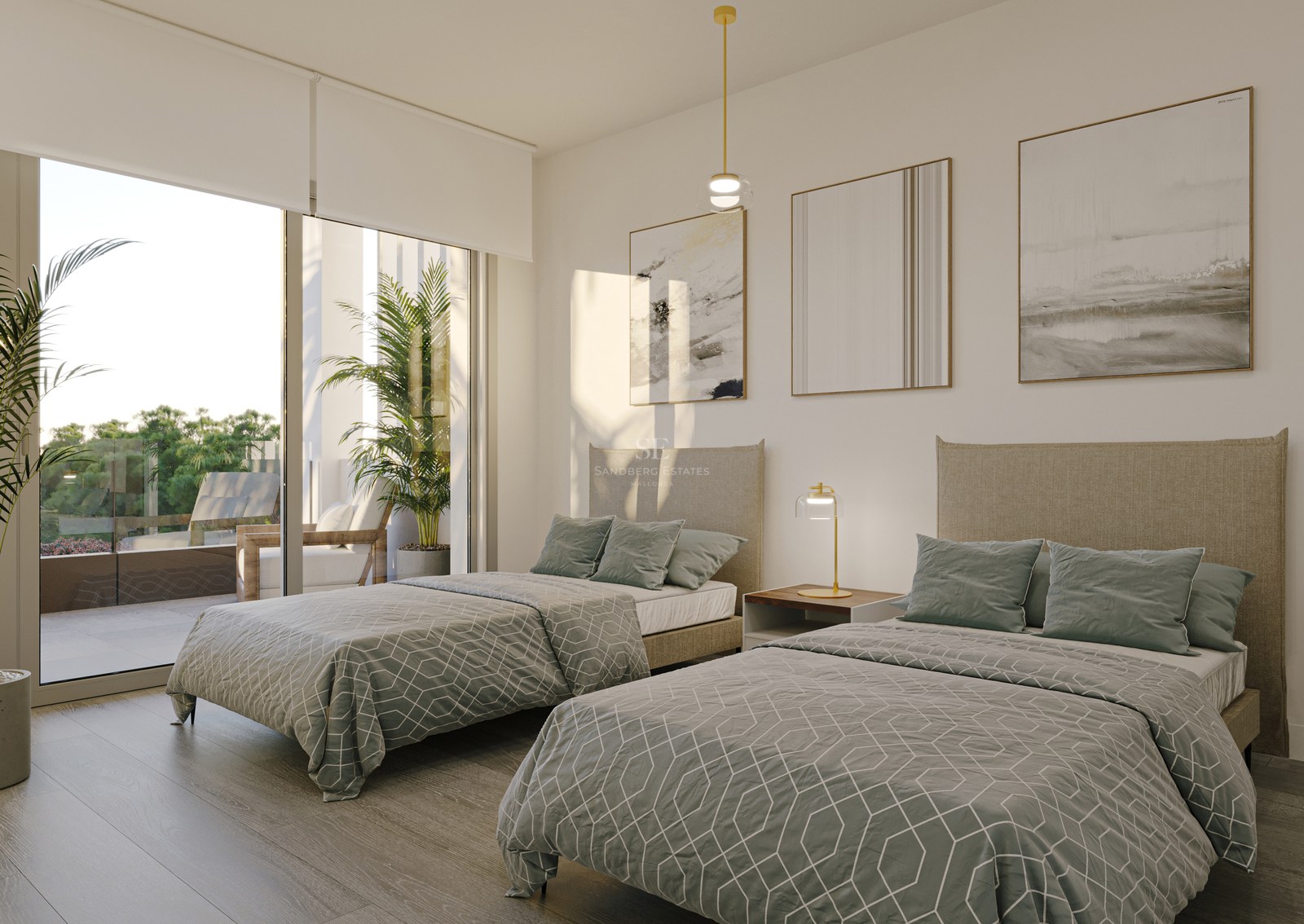 Contemporary bedroom featuring twin beds with sage green linens and large glass doors opening to a sunlit terrace.
