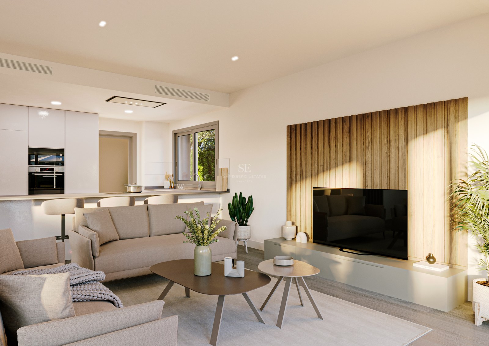 Bright living room featuring a beige sofa, wood-slatted TV wall, and an open-concept kitchen with breakfast bar.