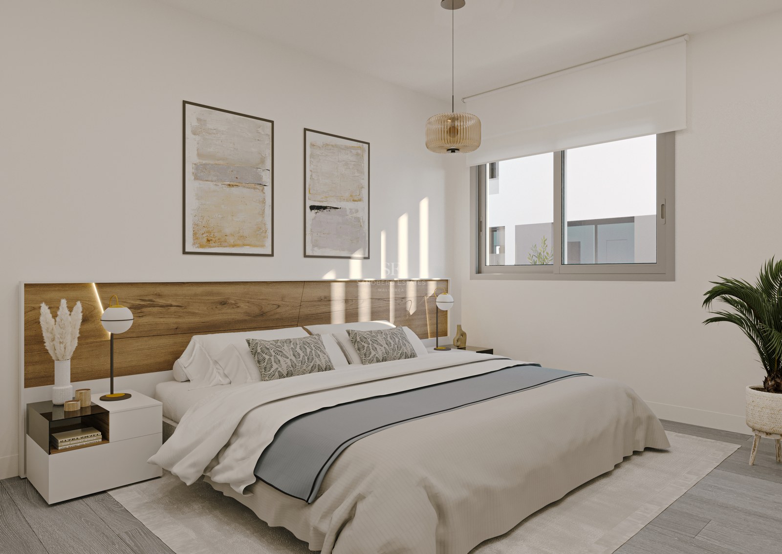 Modern master bedroom featuring an integrated wooden headboard, large window, neutral bedding, and an indoor palm plant.