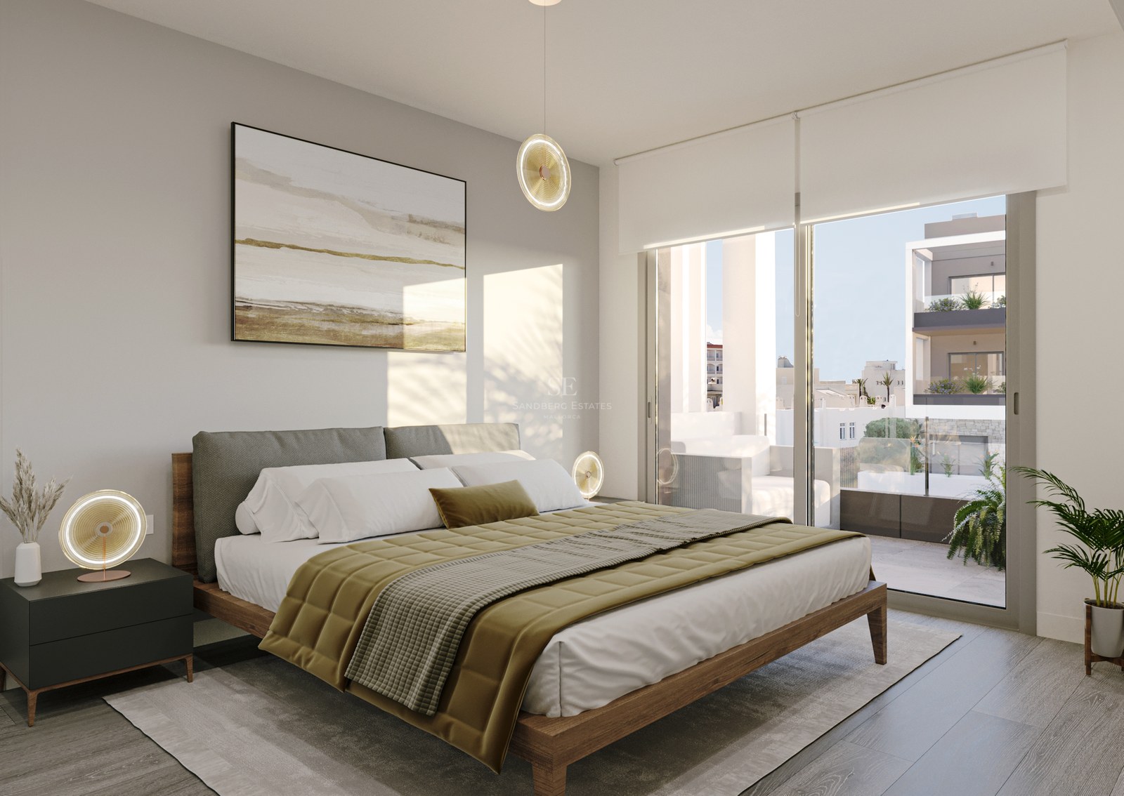 A modern bedroom featuring a wooden bed frame, olive textiles, and sliding glass doors opening to a balcony.