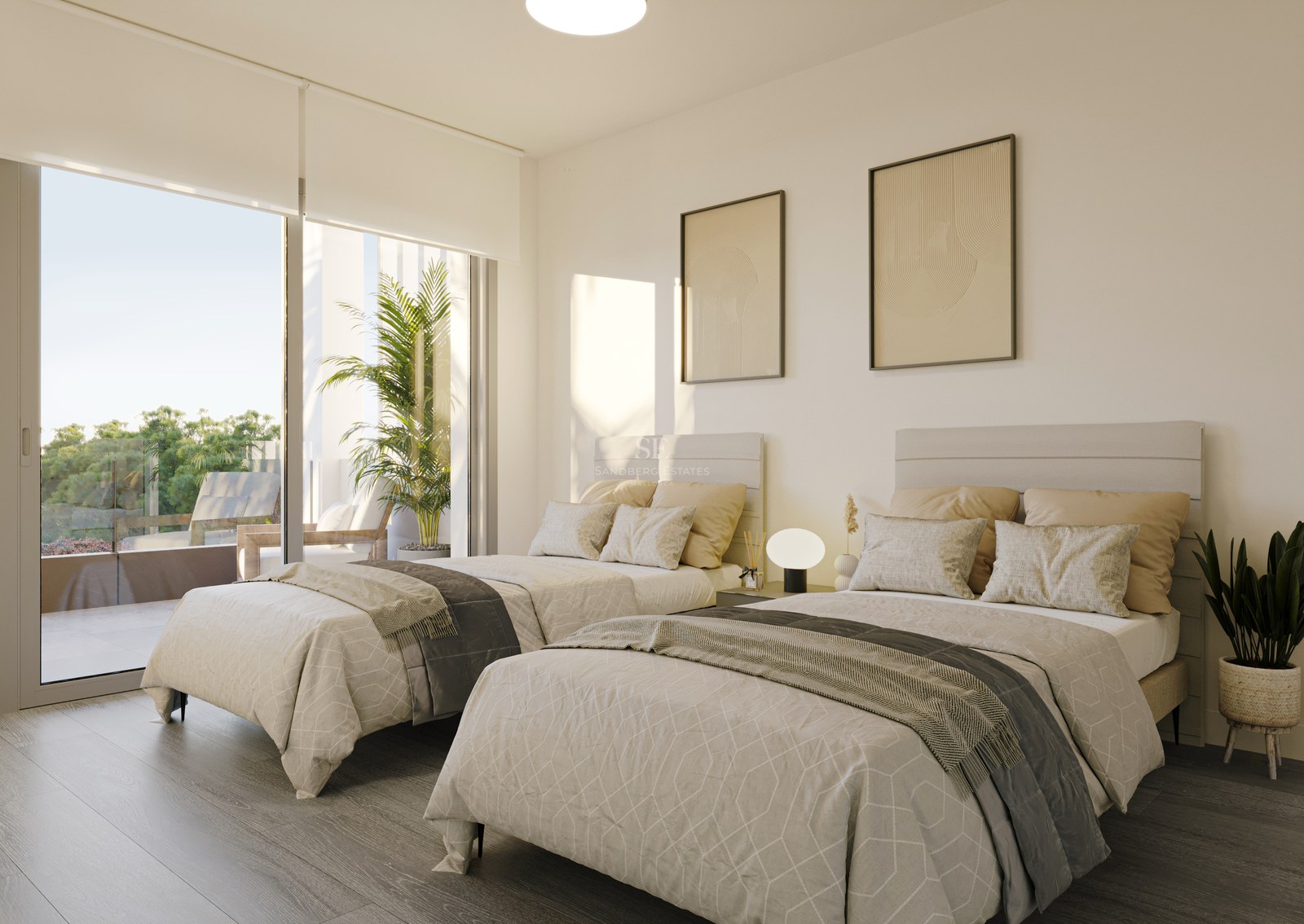 Bright bedroom featuring twin beds, wooden flooring, and large glass sliding doors opening to a private terrace.