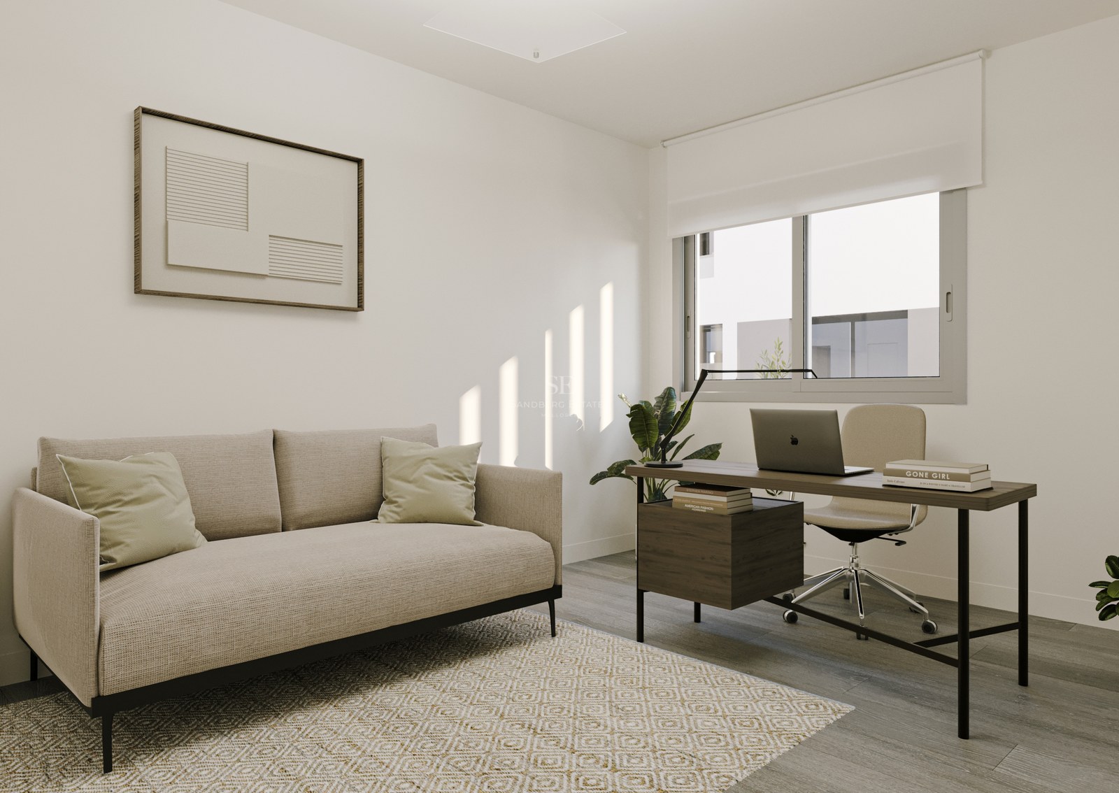 Contemporary home office featuring a beige sofa, wooden desk, and large window with natural light shadows on white walls.