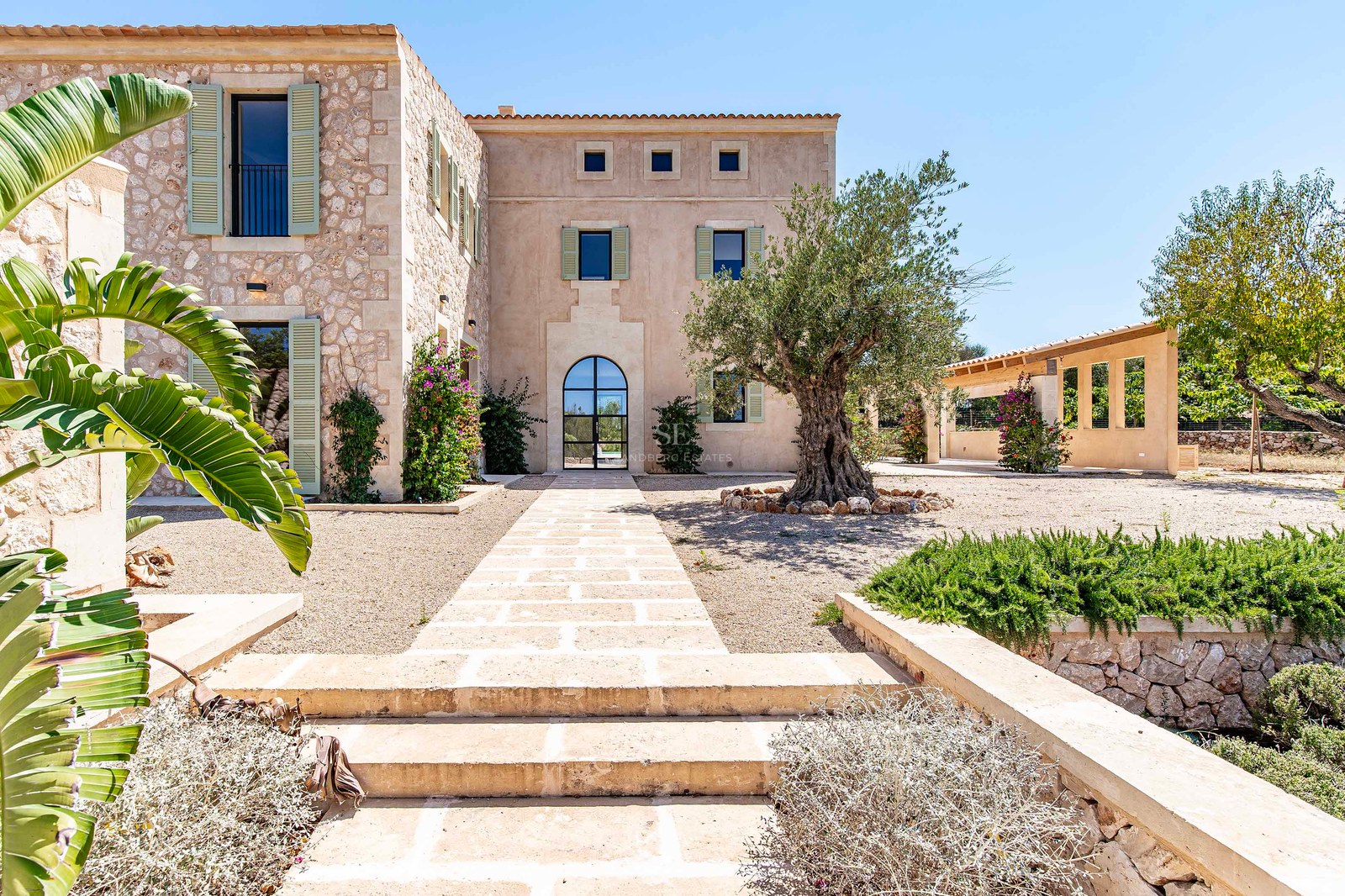 Fachada principal de una villa de lujo en piedra natural con puerta de arco, persianas verdes y un olivo centenario.