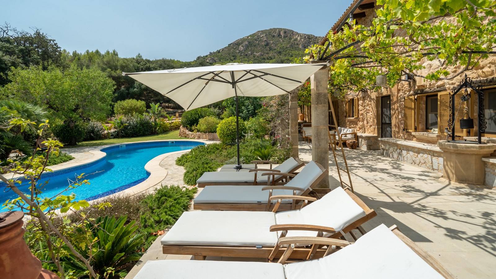 A curved blue swimming pool next to a stone terrace with wooden loungers and mountain views in the background.
