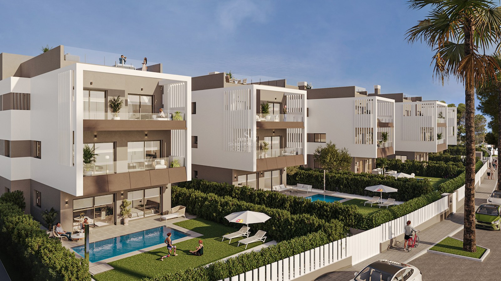 Row of modern white multi-story villas with private gardens, swimming pools, and rooftop terraces under a clear sky.
