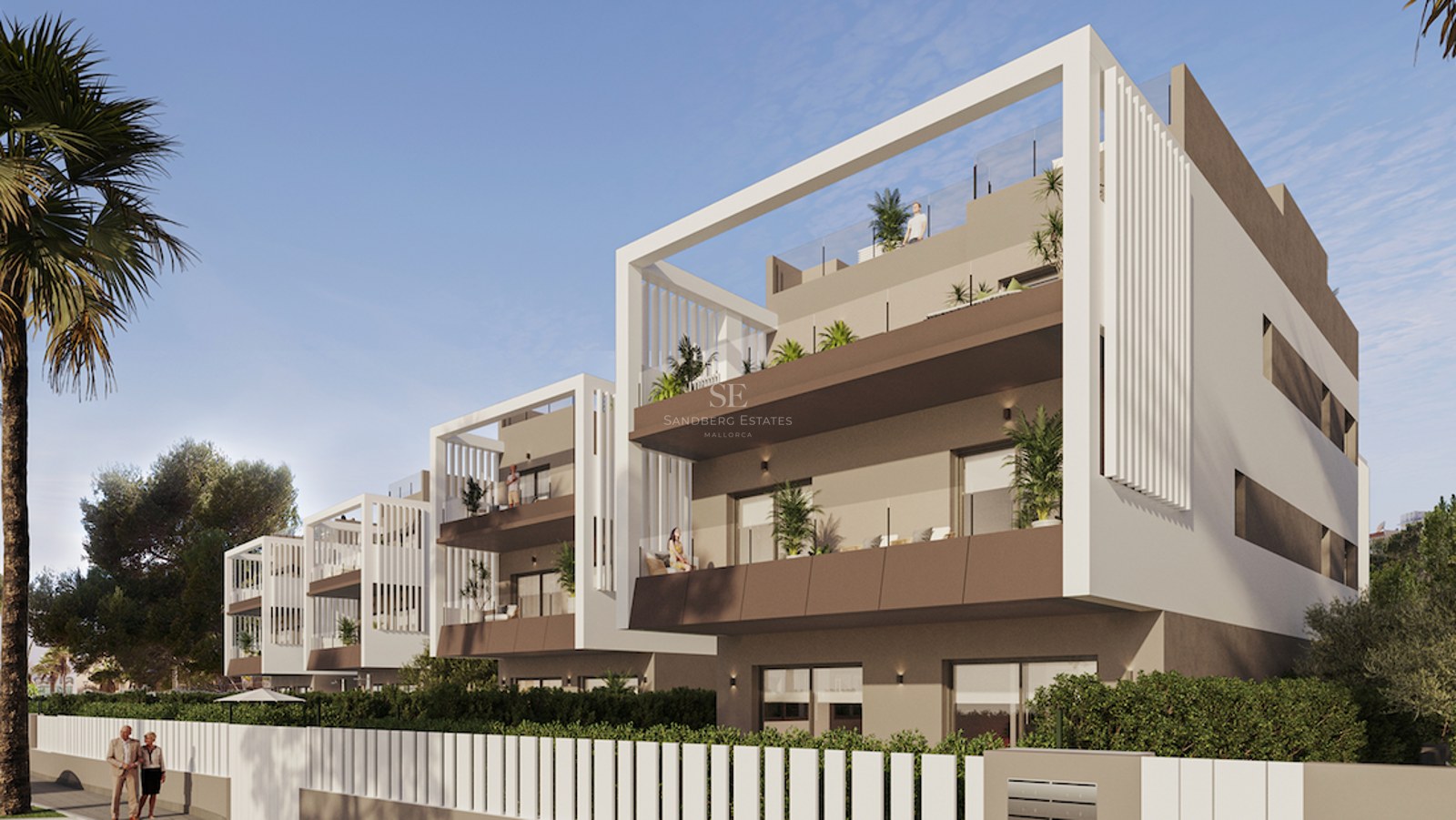 Modern multi-story apartment building with white and taupe facades, glass balconies, and rooftop solariums.