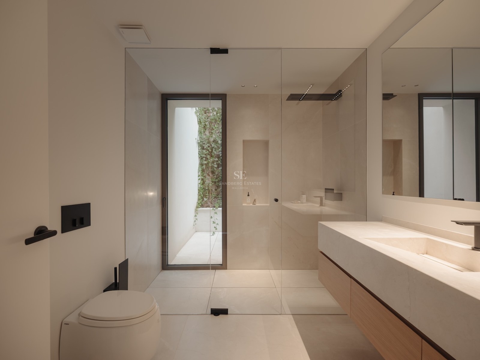 Baño moderno con lavabo de mármol, ducha de cristal y puerta acristalada hacia un patio interior con hiedra.