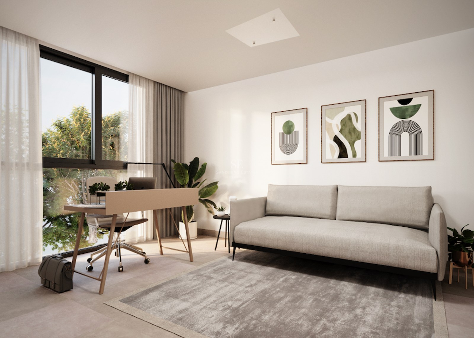 Bright office with a wooden desk, grey sofa, and large windows overlooking lush greenery.
