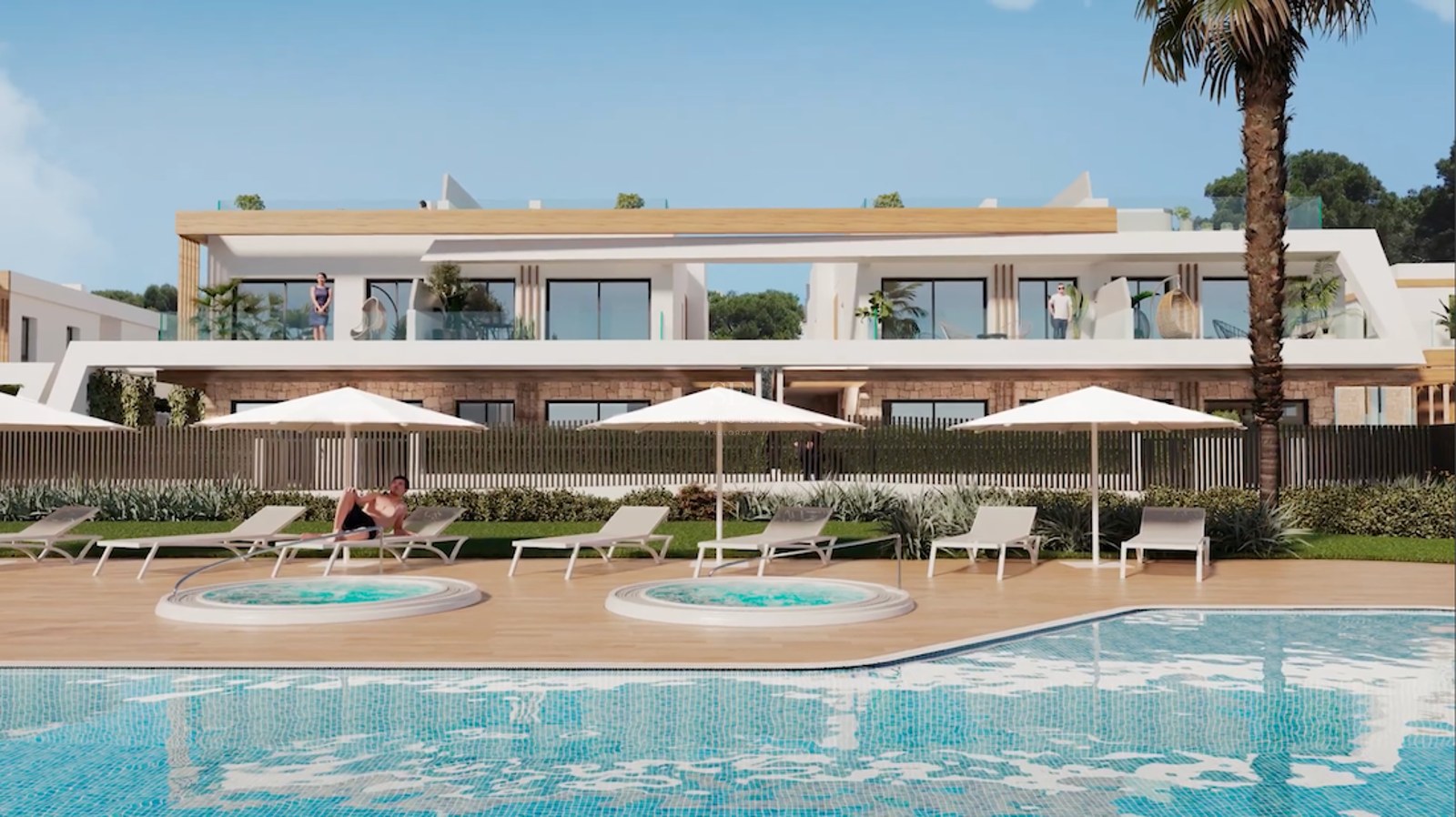 Luxuriöser Poolbereich mit weißen Sonnenliegen, kreisförmigen Whirlpools und zeitgenössischer Architektur.