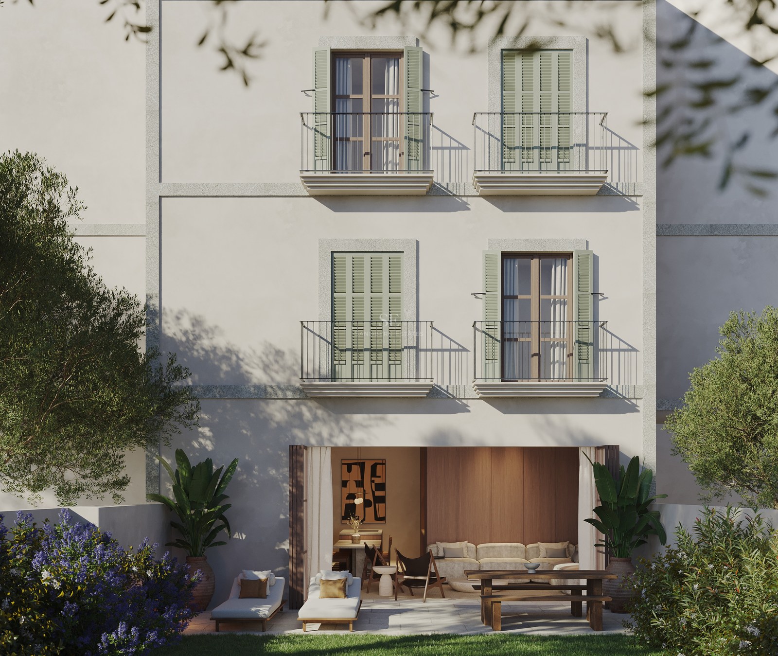 Vue extérieure d'une villa moderne avec piscine. Architecture minimaliste, grandes baies vitrées, aménagement paysager soigné et ciel bleu.