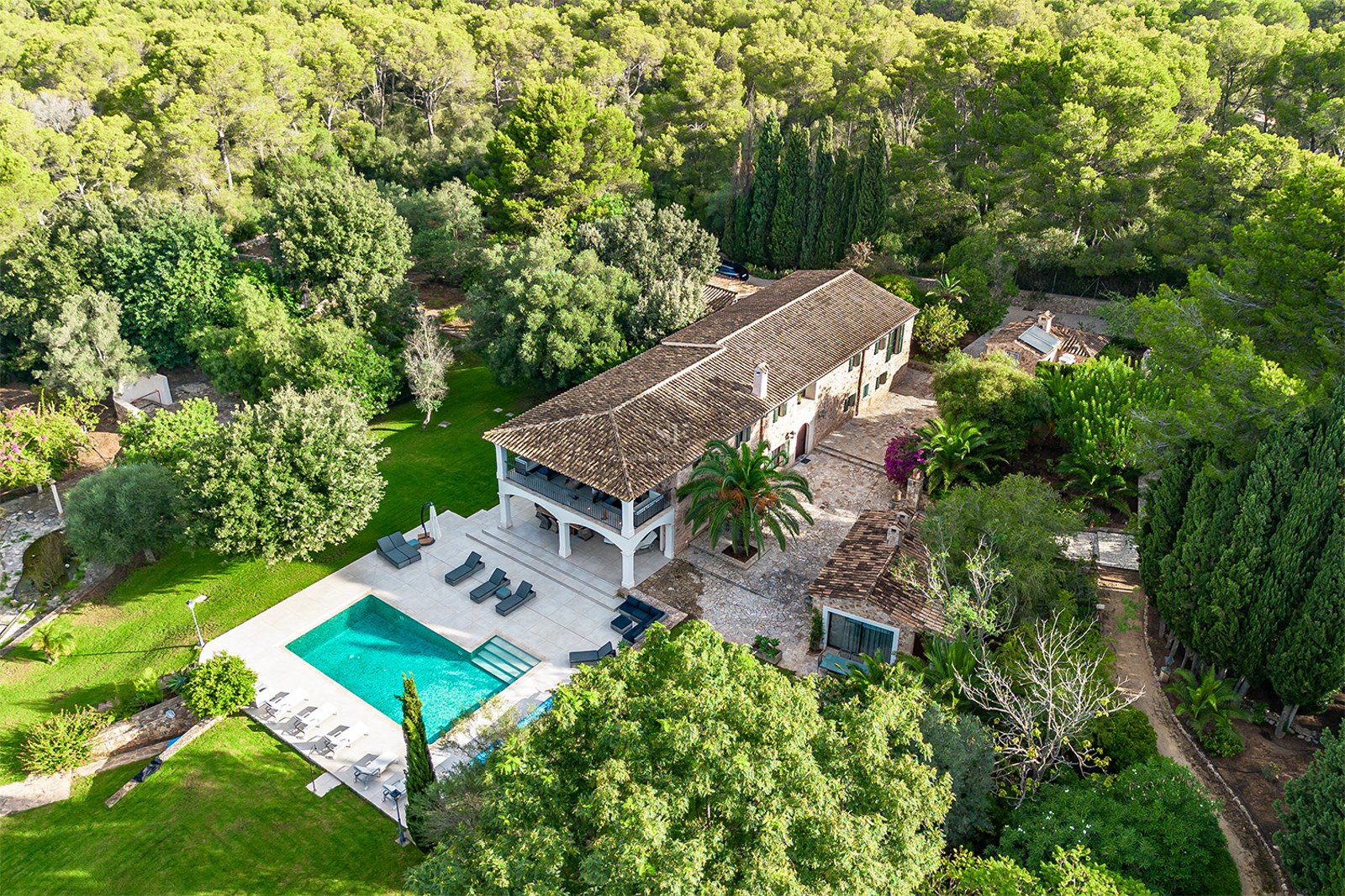 Vista aérea de una gran villa de piedra con piscina rodeada de un denso bosque de pinos mediterráneos.