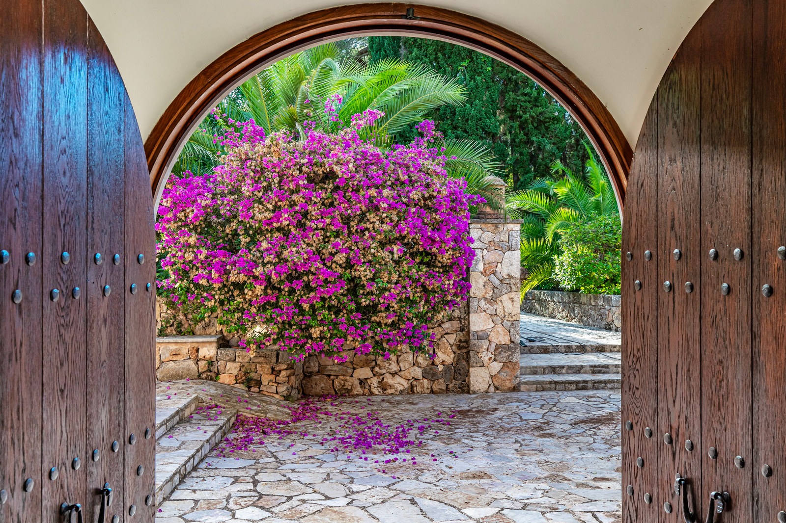 Vista a través de puertas de madera arqueadas hacia un patio mediterráneo con buganvilias y suelos de piedra.