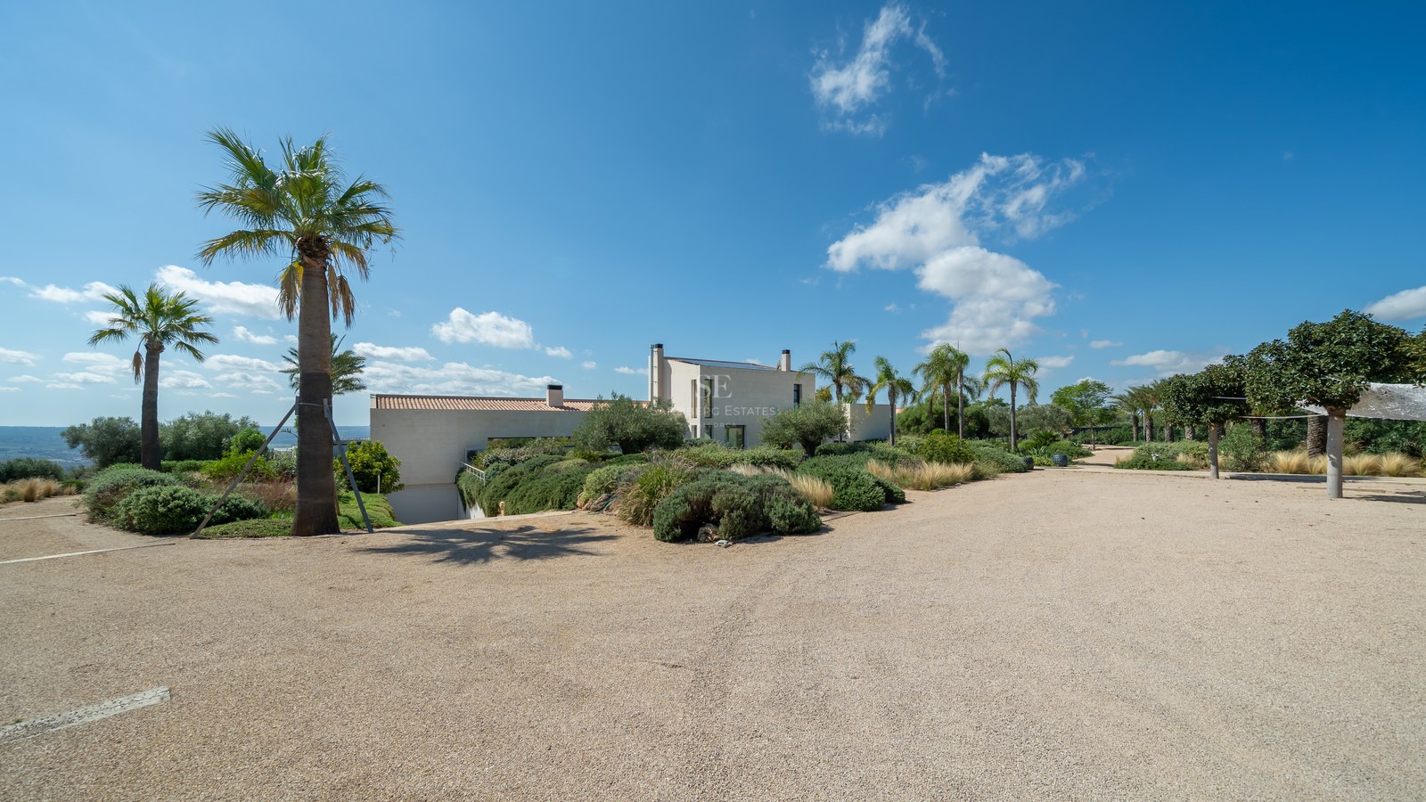 Vista de piscina infinita rodeada de una villa moderna con amplios ventanales y diseño minimalista. Jardín bien cuidado y cielo azul.