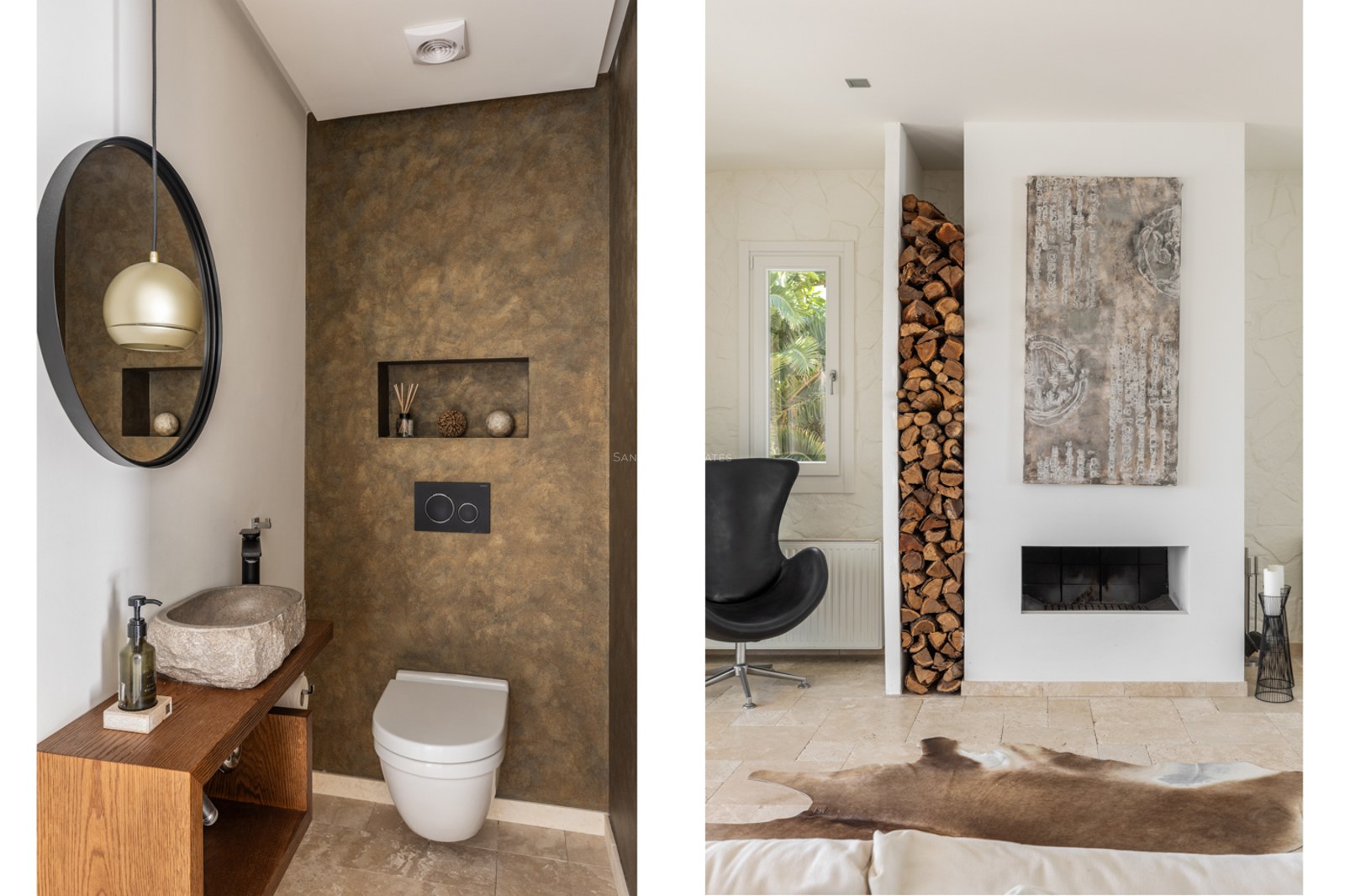 Salle d'eau avec vasque en pierre et salon avec cheminée minimaliste et niche à bois.