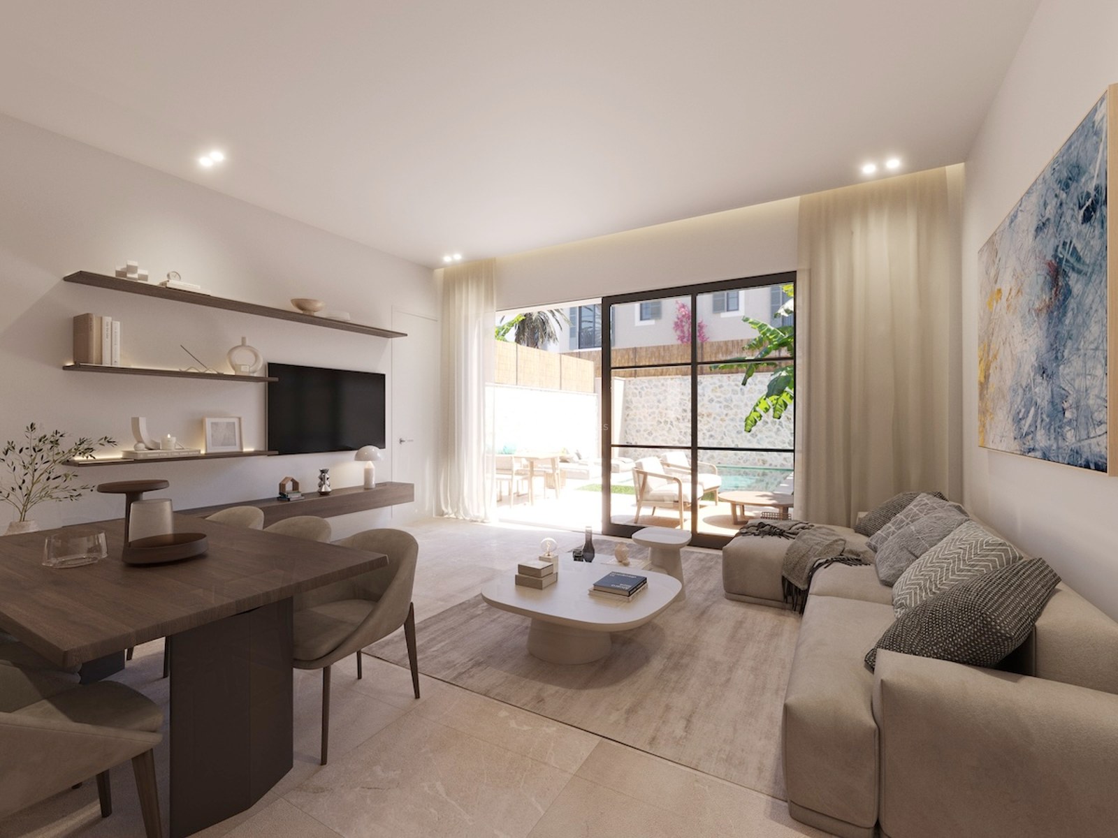 Flygvy av ett modernt hus med infinitypool och lummig trädgård. Minimalistisk design, stora fönster och ljusa utrymmen.