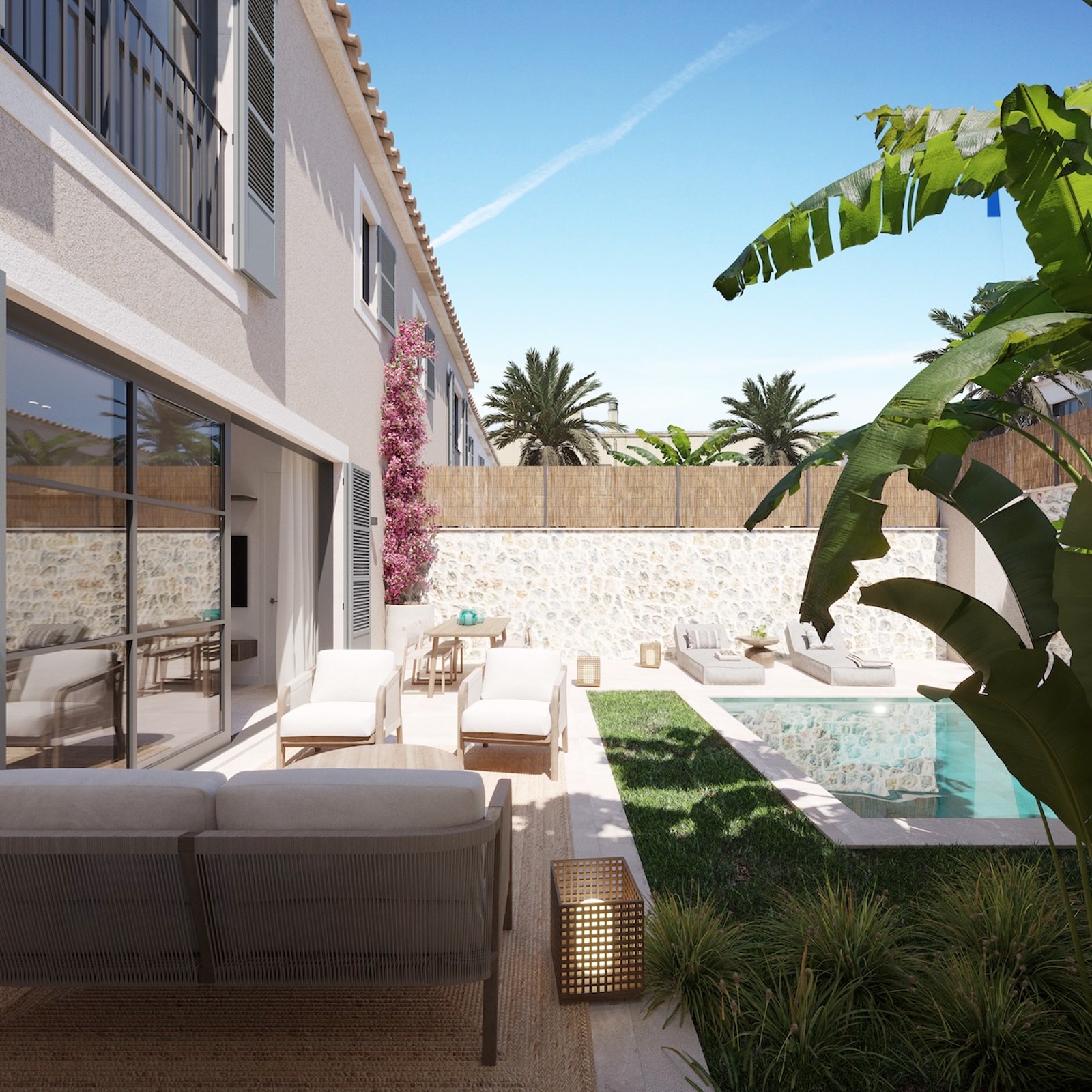Außenansicht einer modernen Villa mit Pool, großem Garten und minimalistischer Architektur. Warme Beleuchtung und elegantes Design.