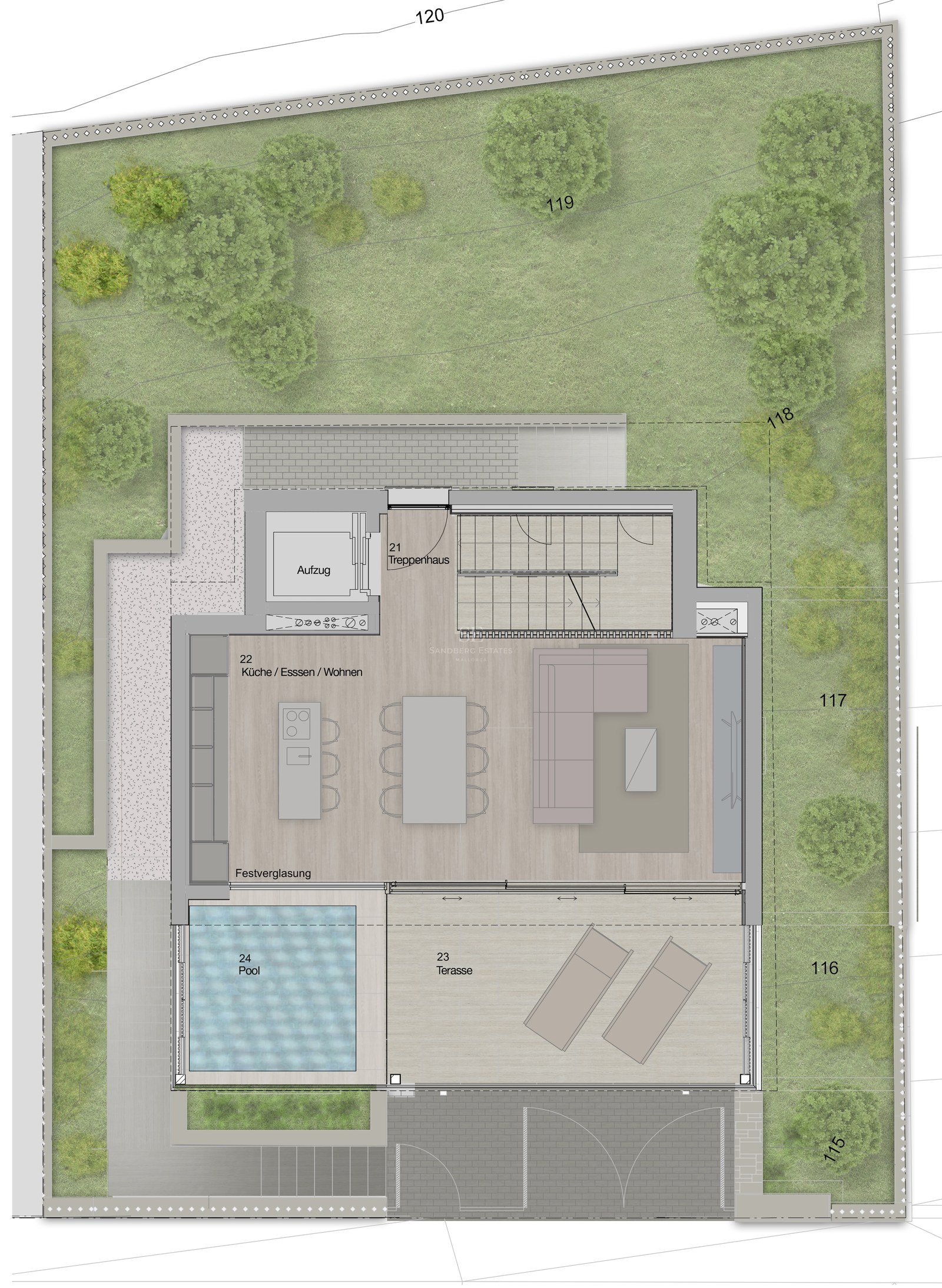 Plan de masse montrant le rez-de-chaussée avec cuisine ouverte, salon, grande terrasse, piscine privée et jardins.