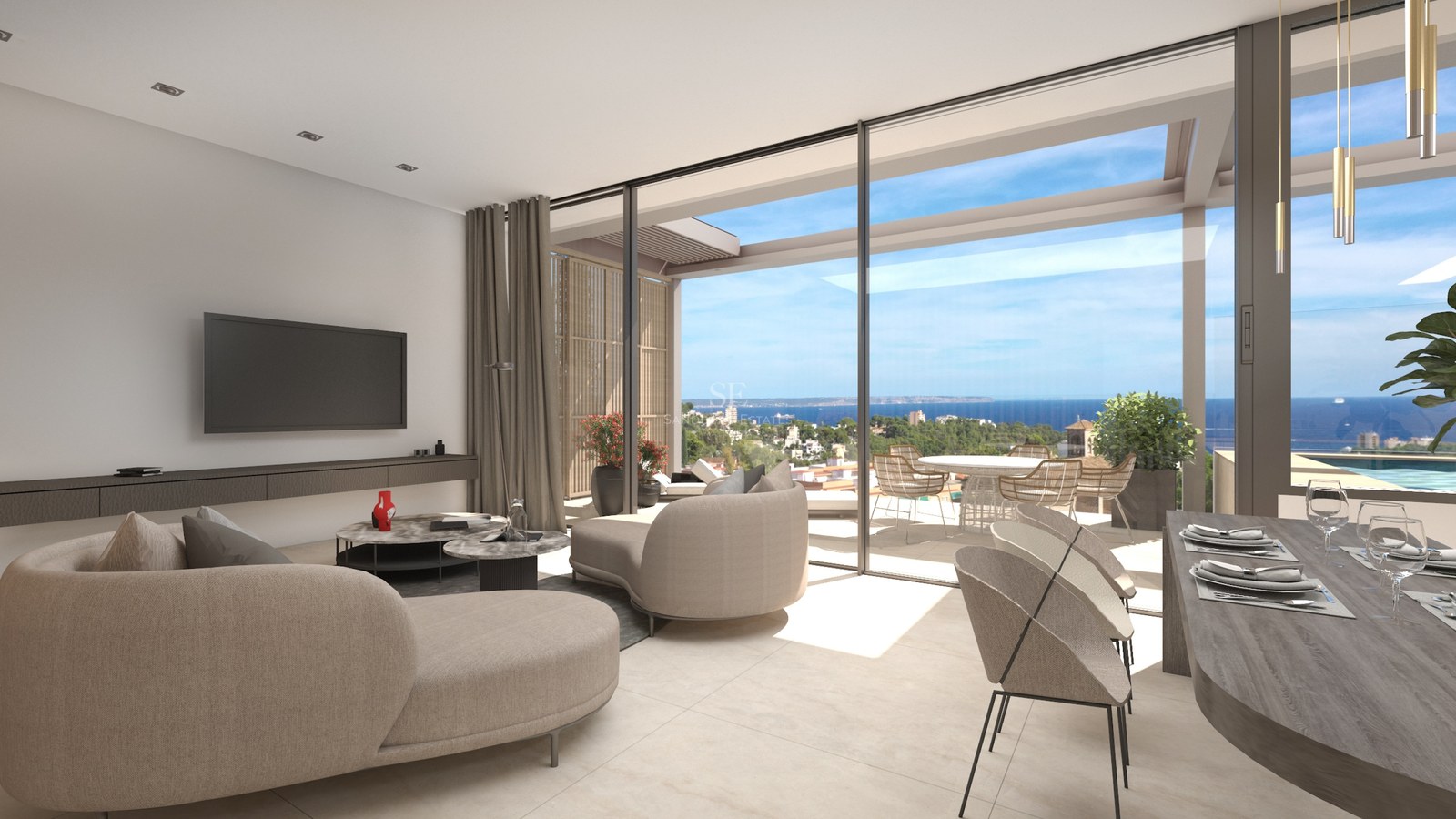 Salon moderne lumineux avec canapés beiges incurvés et grandes baies vitrées ouvrant sur une terrasse face à la mer.