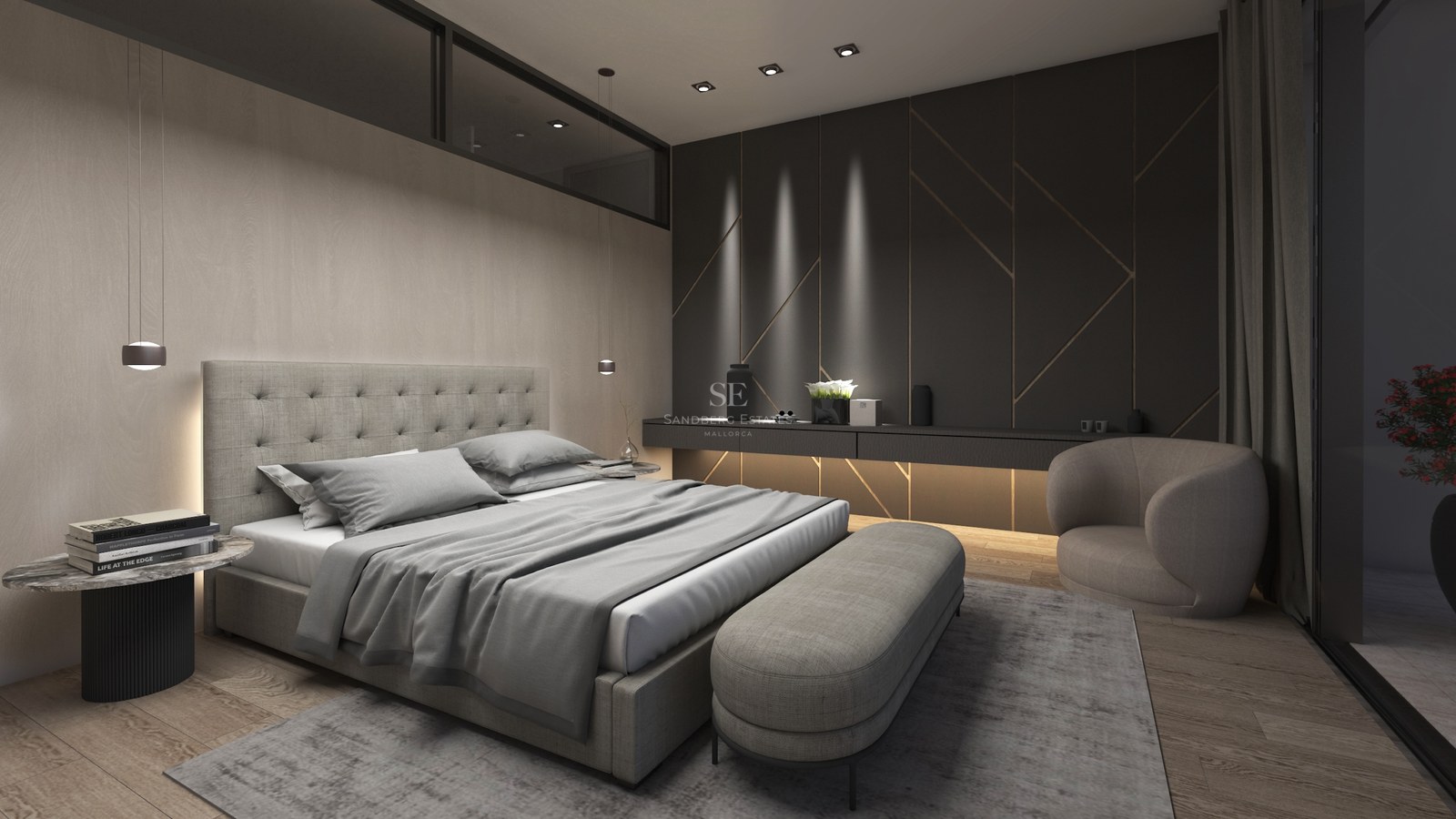 Chambre de luxe avec lit gris, mur d'accent anthracite, parquet en chêne et luminaires design.