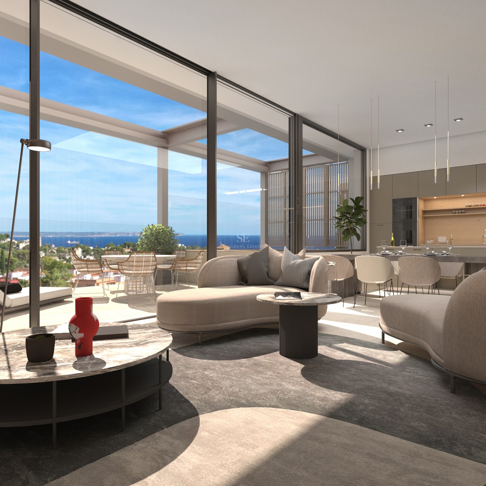 Salon de luxe avec canapés incurvés et tables en marbre, baies vitrées offrant une vue sur la mer Méditerranée.