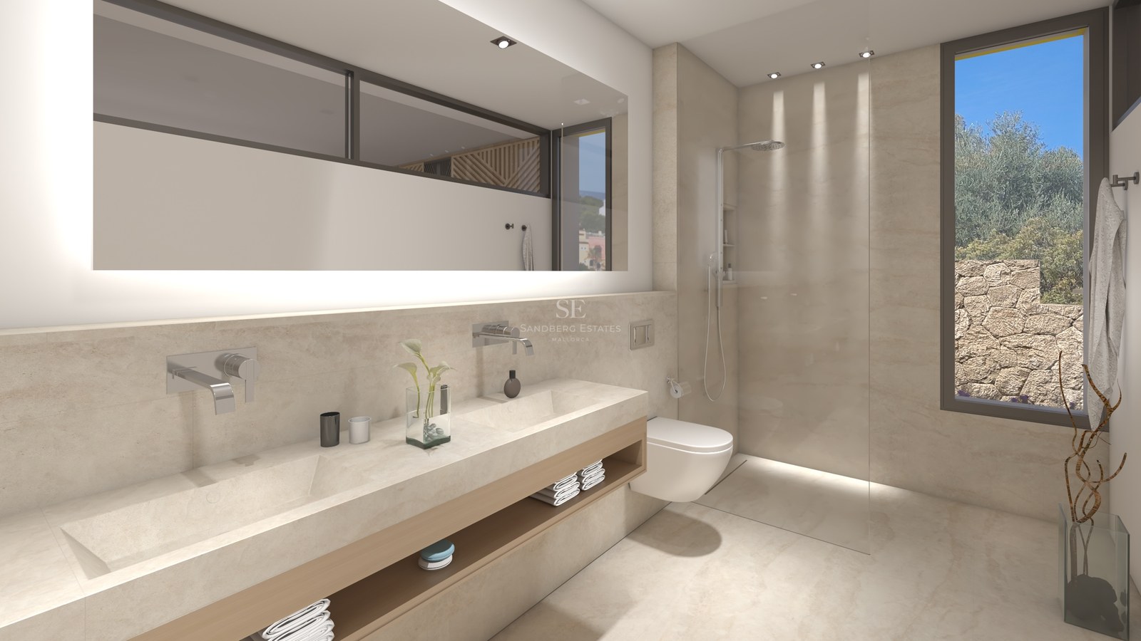 Salle de bain principale moderne avec double vasque en pierre, grand miroir rétroéclairé et douche vitrée.