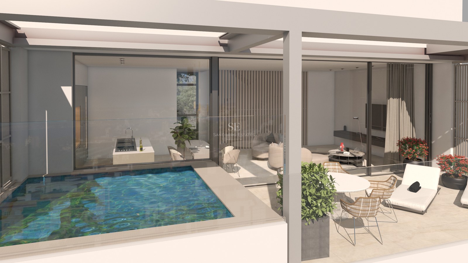Une terrasse moderne avec une petite piscine, des chaises longues et du mobilier de créateur devant des baies vitrées.