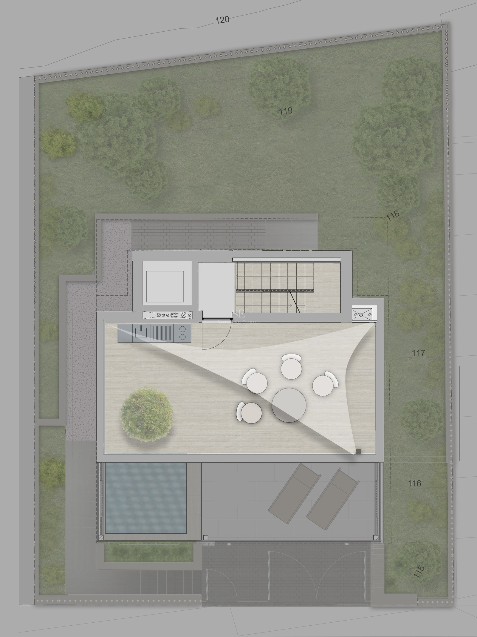 Plan architectural en vue de dessus d'une villa de luxe montrant le jardin, la piscine et la terrasse.