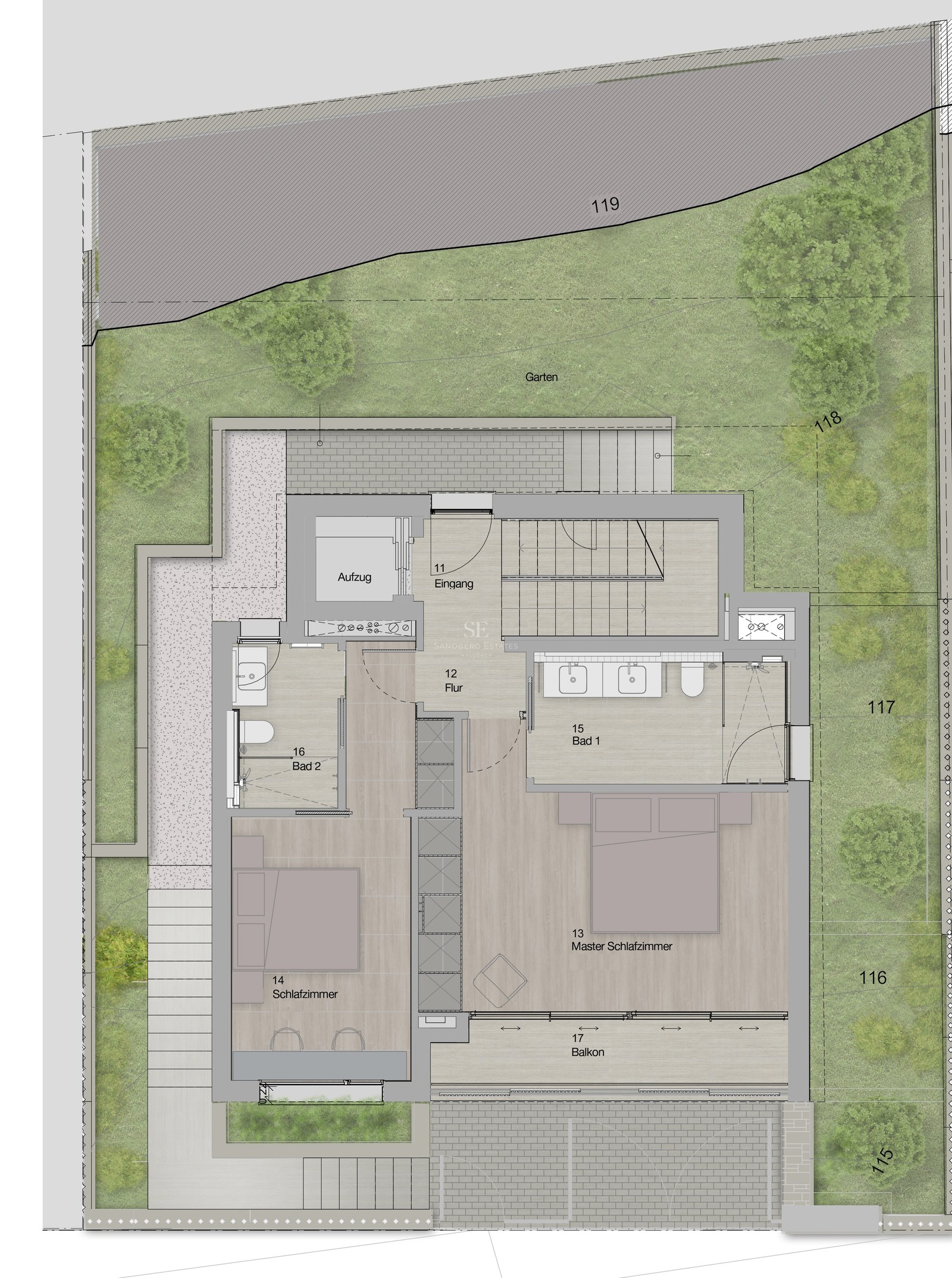 Plan d'architecte montrant deux chambres, des salles de bains et un grand jardin.