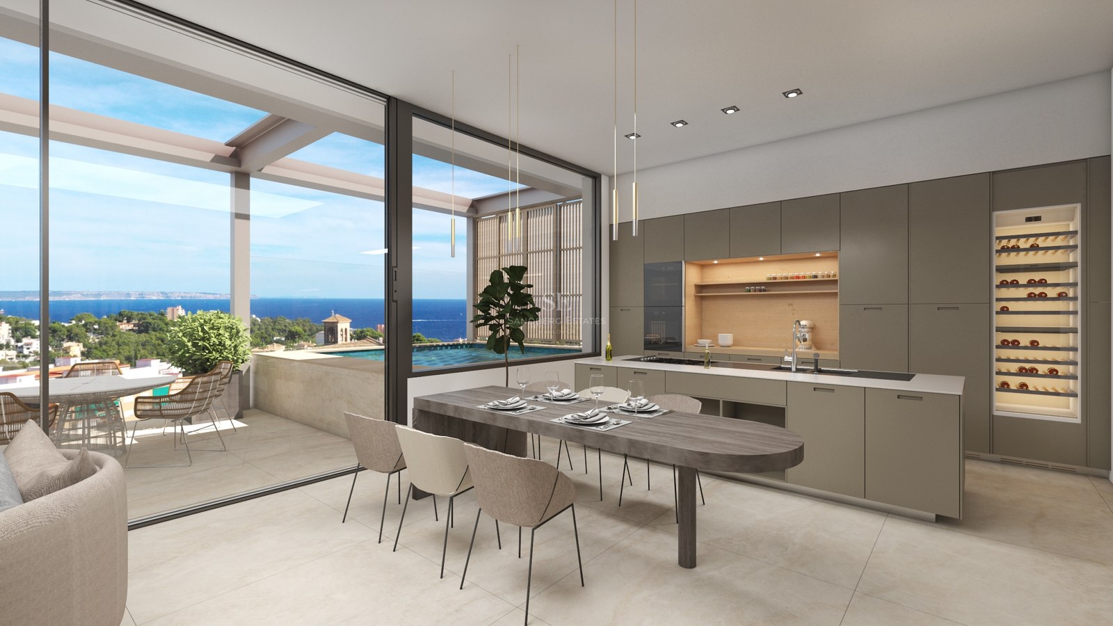 Cuisine moderne et coin repas avec de grandes baies vitrées s'ouvrant sur une terrasse avec piscine et vue mer.