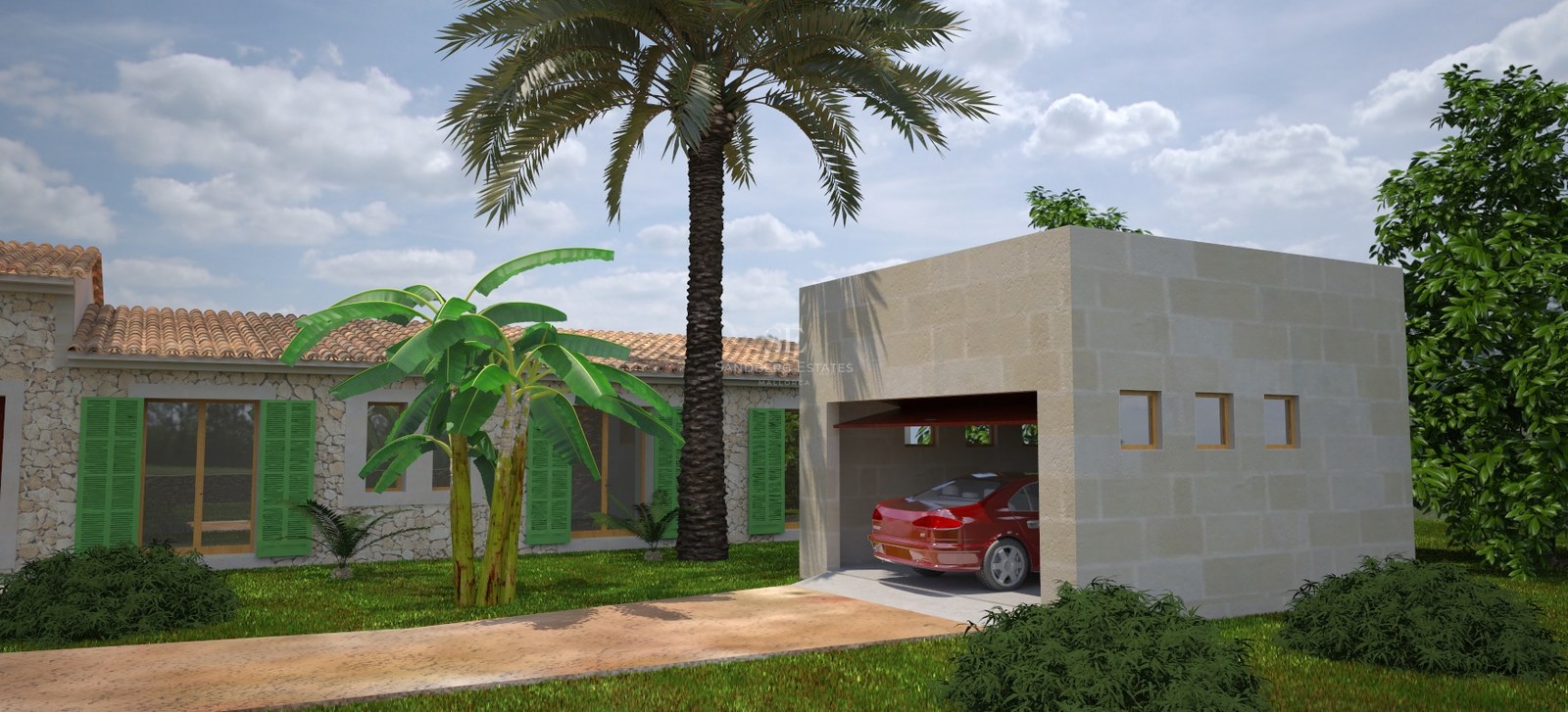 Rustic stone villa with green shutters, palm trees, and a detached stone garage featuring a red car inside.