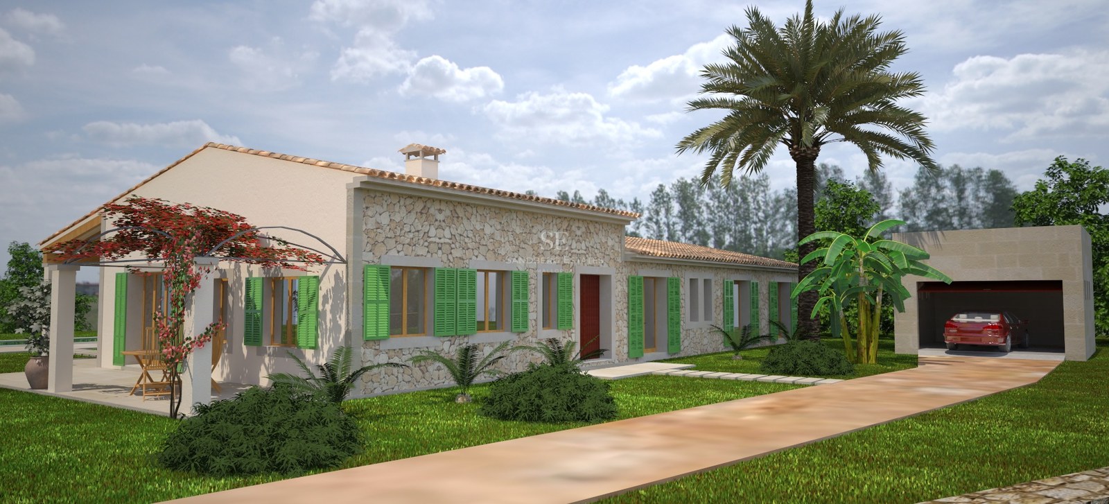 Single-story Mediterranean villa with stone walls, green shutters, a palm tree, and a garage under a blue sky.