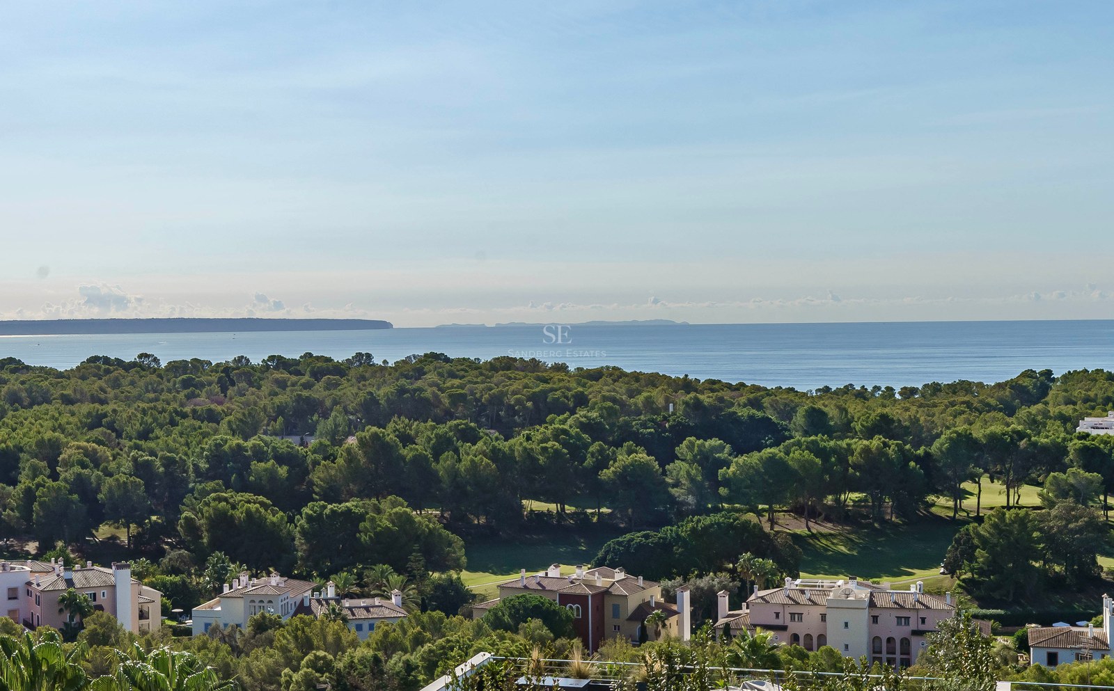 Vista elevada sobre un denso pinar que se extiende hacia el mar Mediterráneo bajo un cielo despejado.