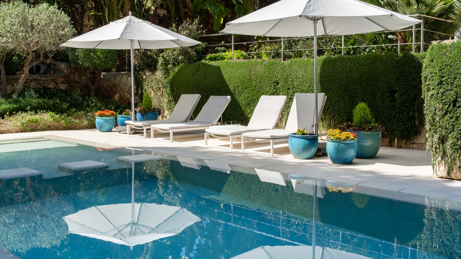 Sun loungers with white umbrellas beside a blue swimming pool, framed by lush green hedges and turquoise planters.