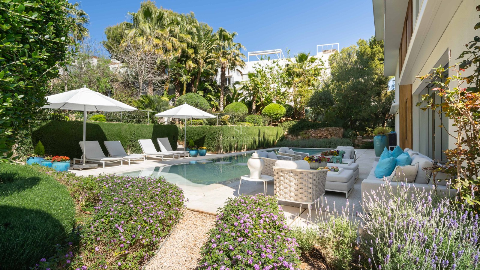 A sunny private swimming pool area with white lounge furniture, umbrellas, and mature green landscaping.